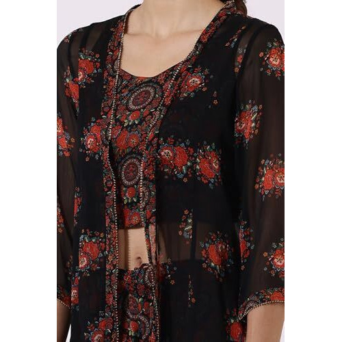 W Black Floral Printed Flared Gillet, Crop Top & Flared Pant For Women (Size L)-24Auws12582-124629A