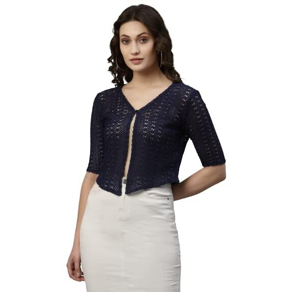 Style Quotient Women Self Design Navy Cotton Lace Regular Smart Casual Shrug