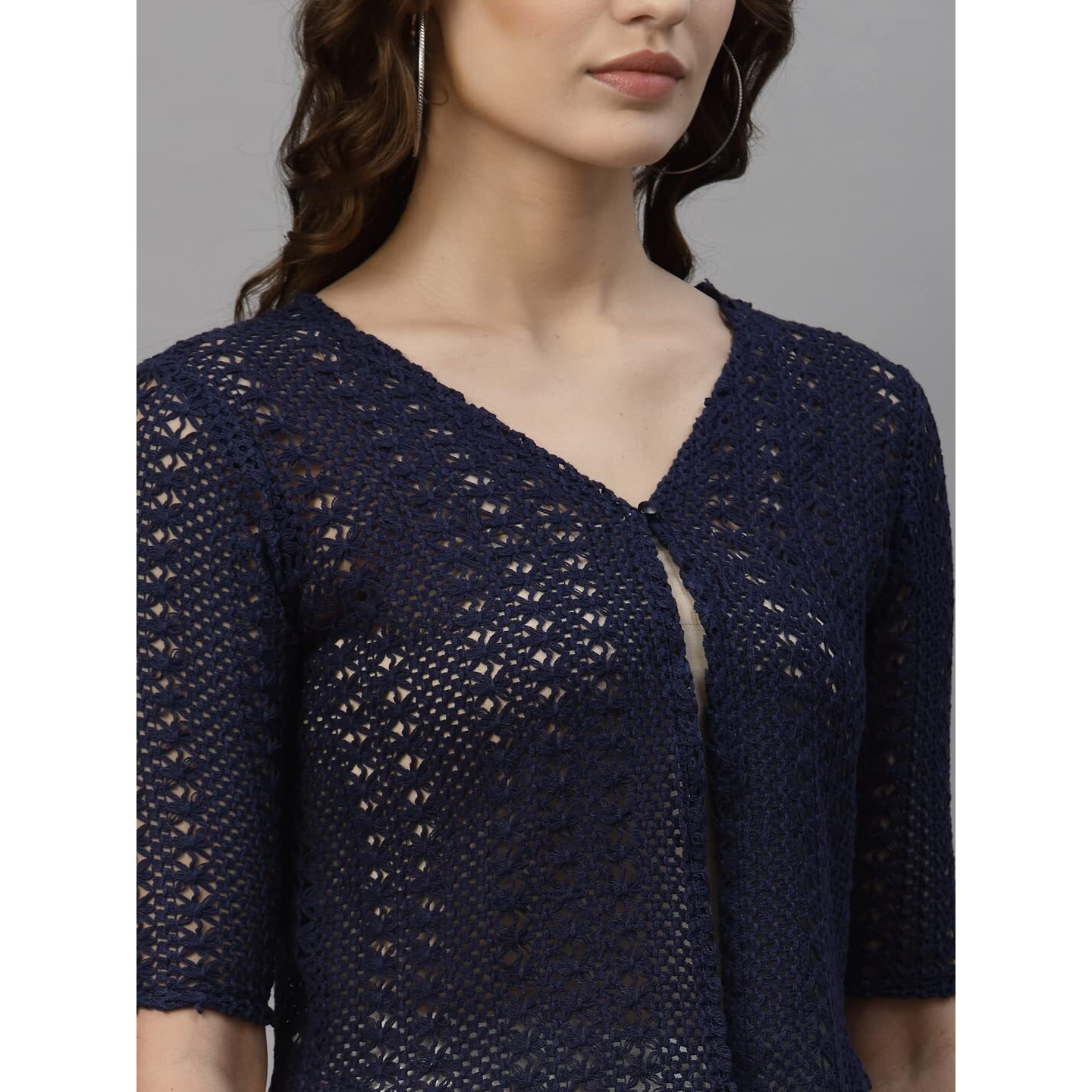 Style Quotient Women Self Design Navy Cotton Lace Regular Smart Casual Shrug