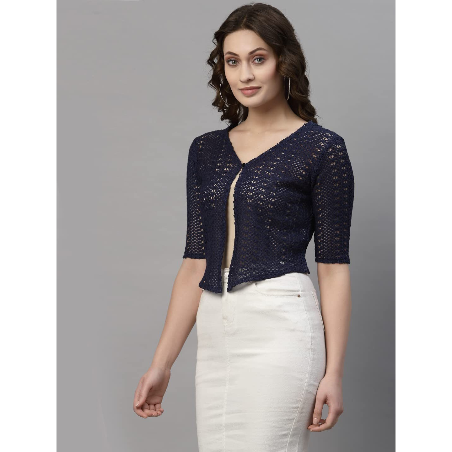 Style Quotient Women Self Design Navy Cotton Lace Regular Smart Casual Shrug