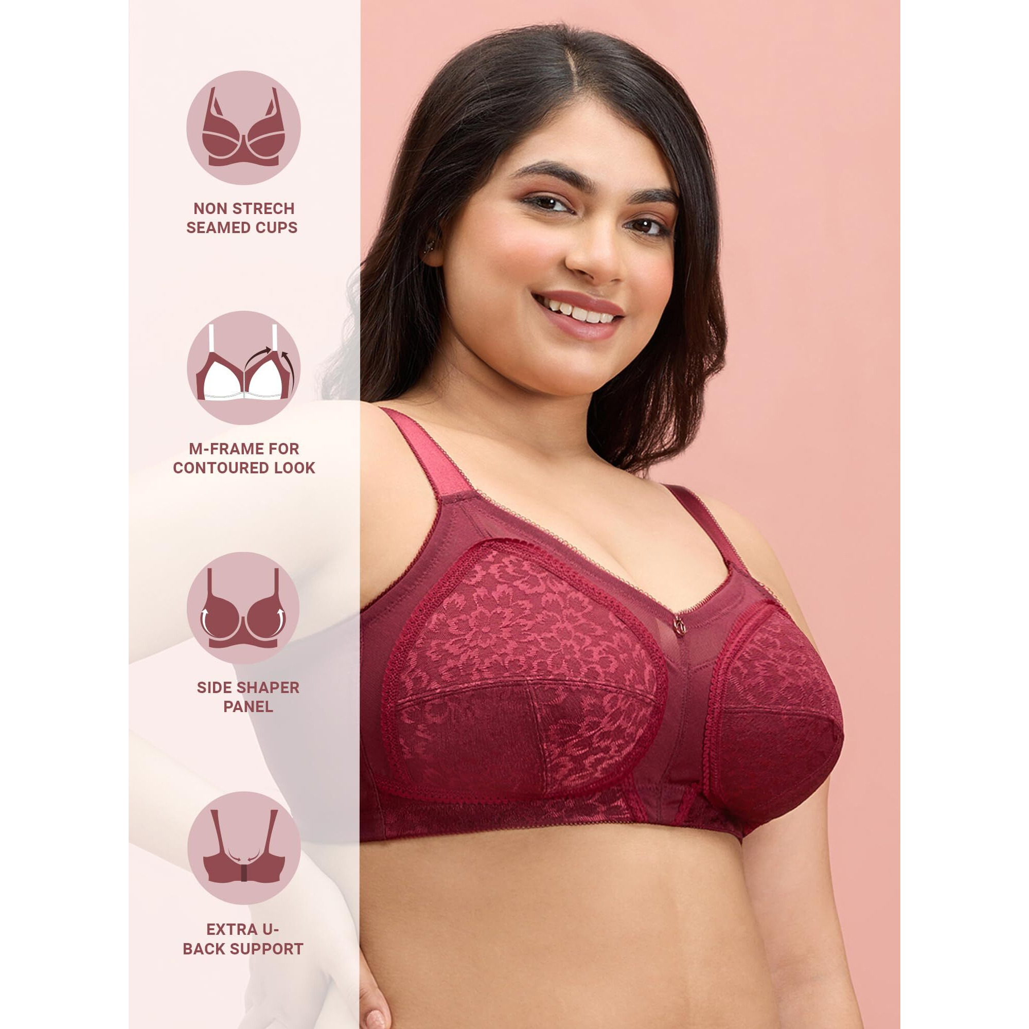 Nykd By Nykaa Ultimate No Bulge, Shape & Support Non Padded Non Wired Lace Bra Nyb033 Wine (38F)