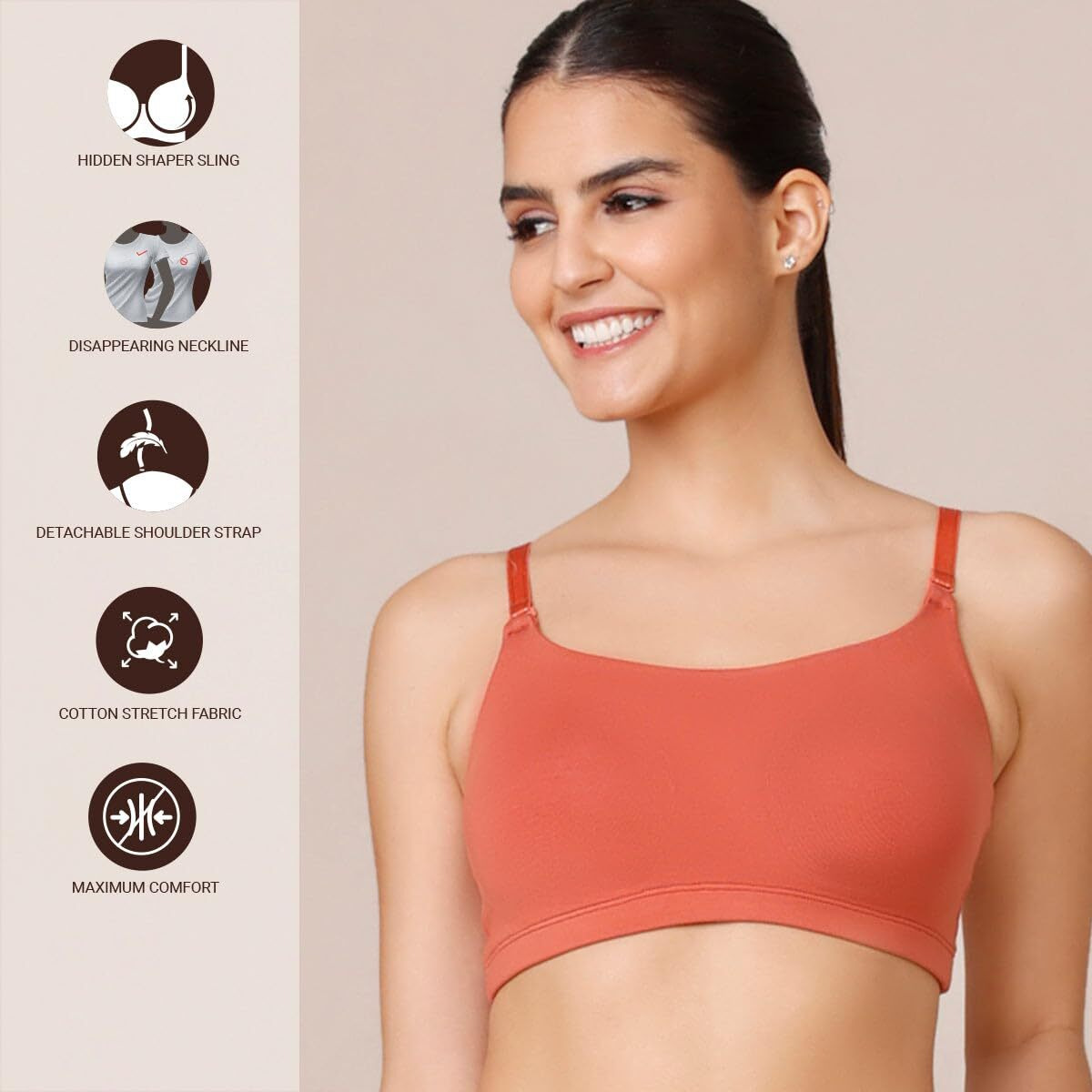 Nykd By Nykaa Easy Breezy Slip-On Bra Everyday T-Shirt Bra For Women, Wireless, Full Coverage, Non Padded-Nyb165,Flint/Carrot,L