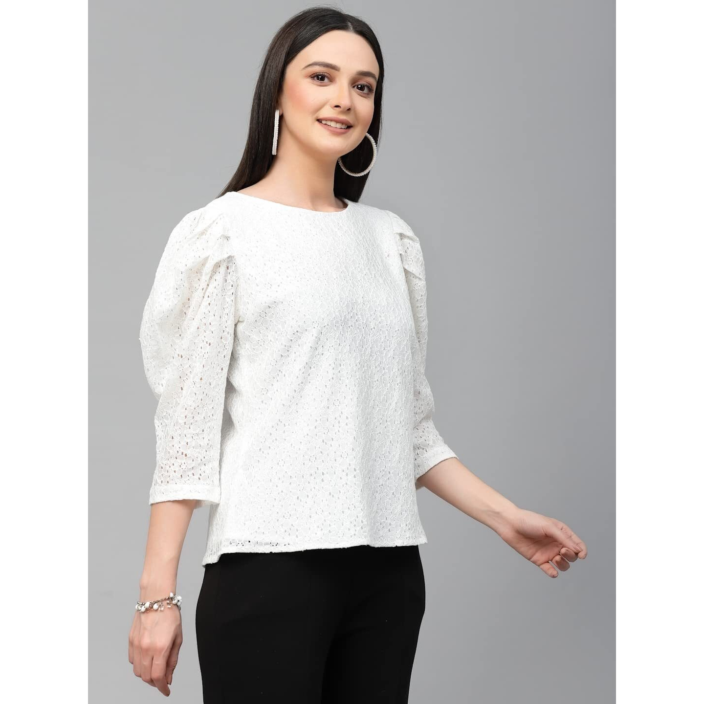 Style Quotient Women White Self Design Floral Lace Regular Smart Casual Tops