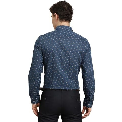 Turtle Men Regular Fit Printed Cotton Linen Blue Formal Shirt