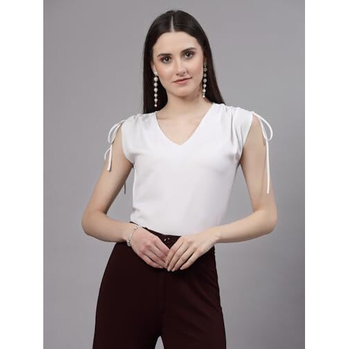 Style Quotient Women Solid White Polyester Regular Smart Casual Top