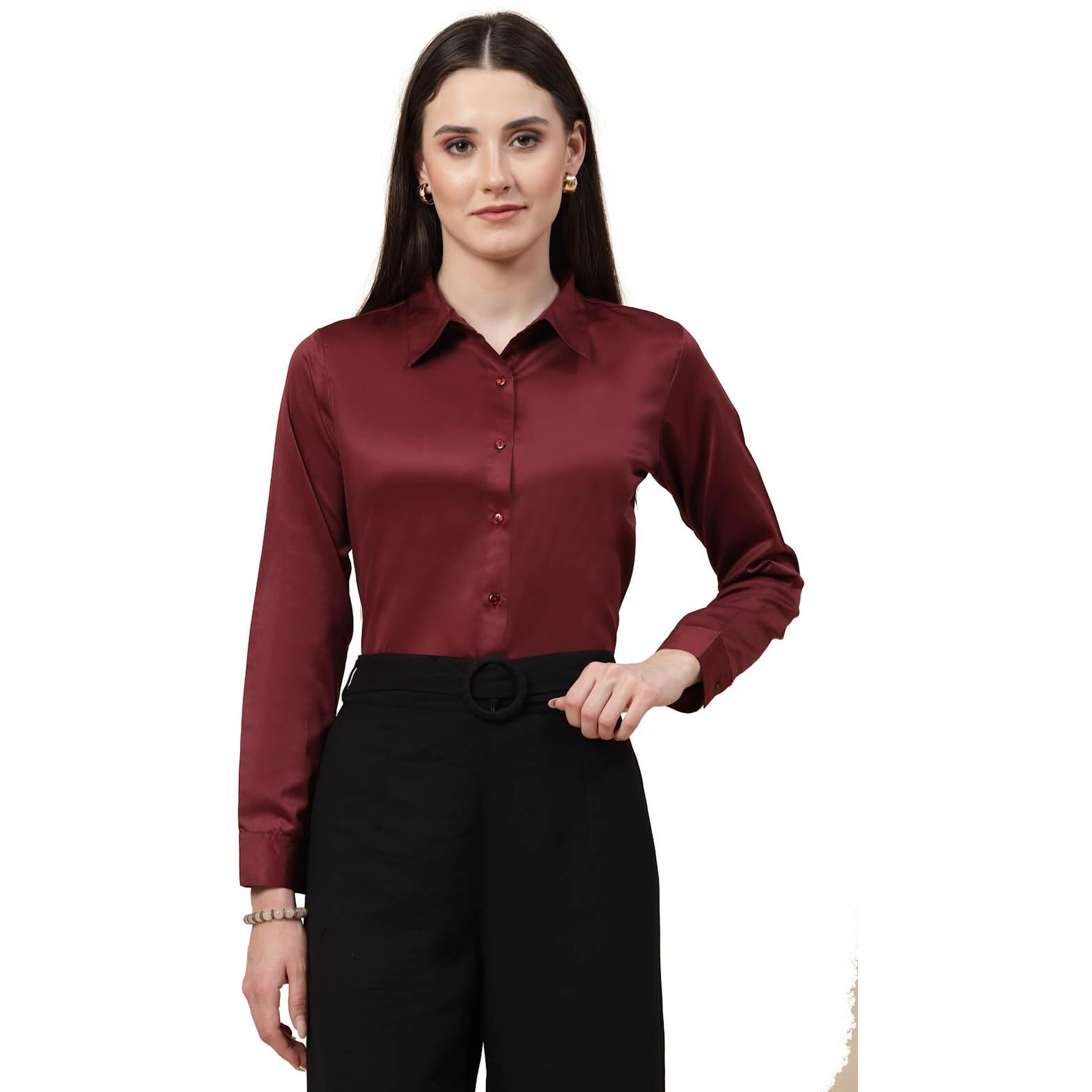 Style Quotient Women Maroon Satin Regular Formal Shirt