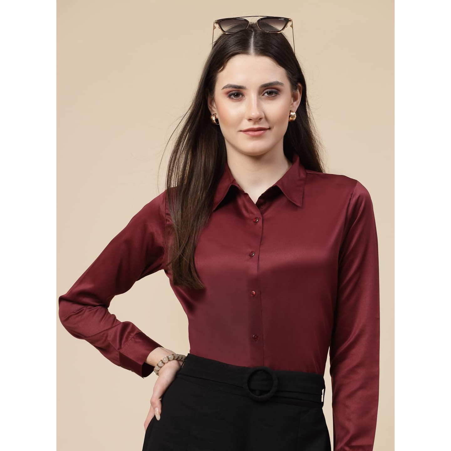 Style Quotient Women Maroon Satin Regular Formal Shirt