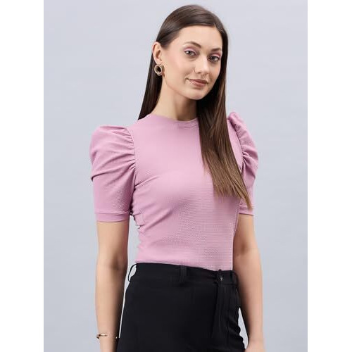 Style Quotient Women Solid Dusty Rose Poly Knit Smart Casual Regular Top