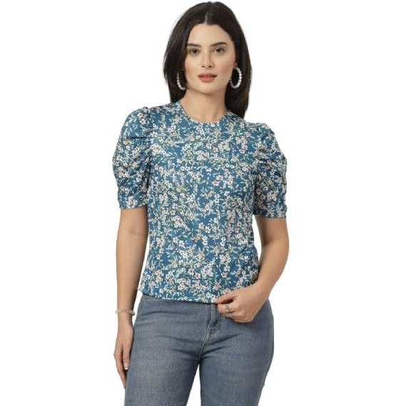 Style Quotient Women Teal Floral Printed Knit Top