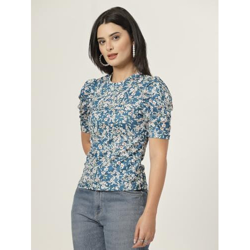 Style Quotient Women Teal Floral Printed Knit Top