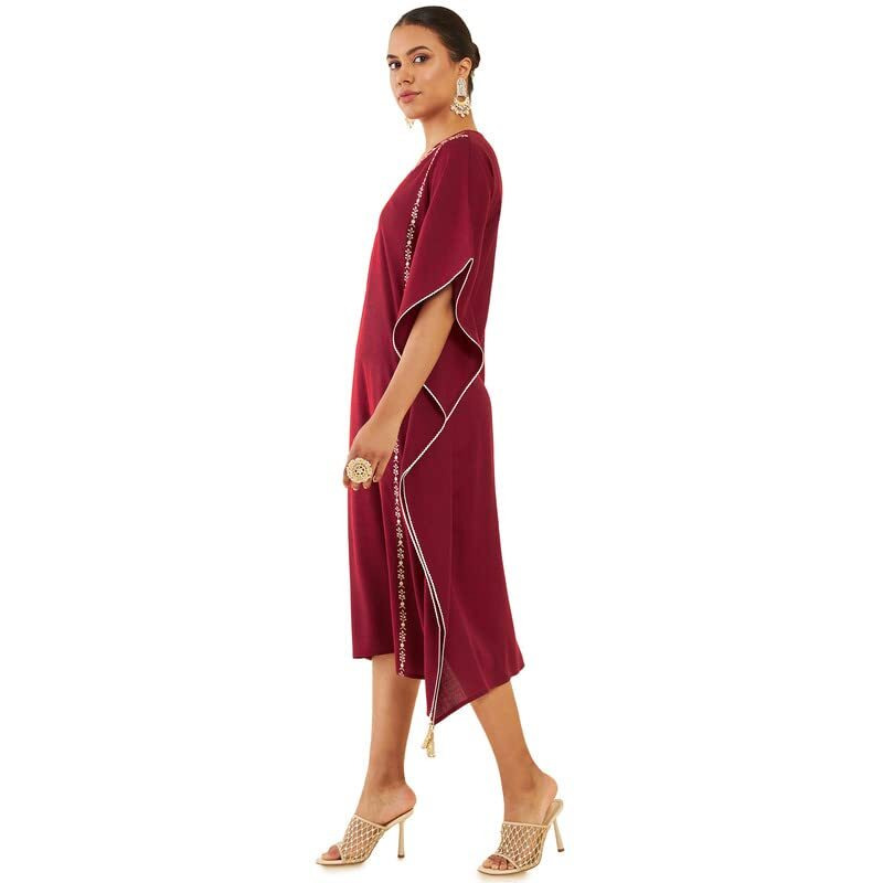 Soch Women Maroon Rayon Slub Floral Embroidered Kaftan With Crochet Lace And Tassels