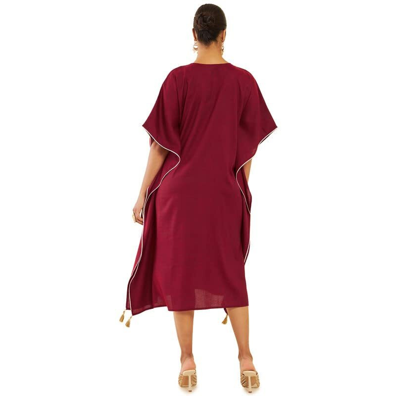 Soch Women Maroon Rayon Slub Floral Embroidered Kaftan With Crochet Lace And Tassels