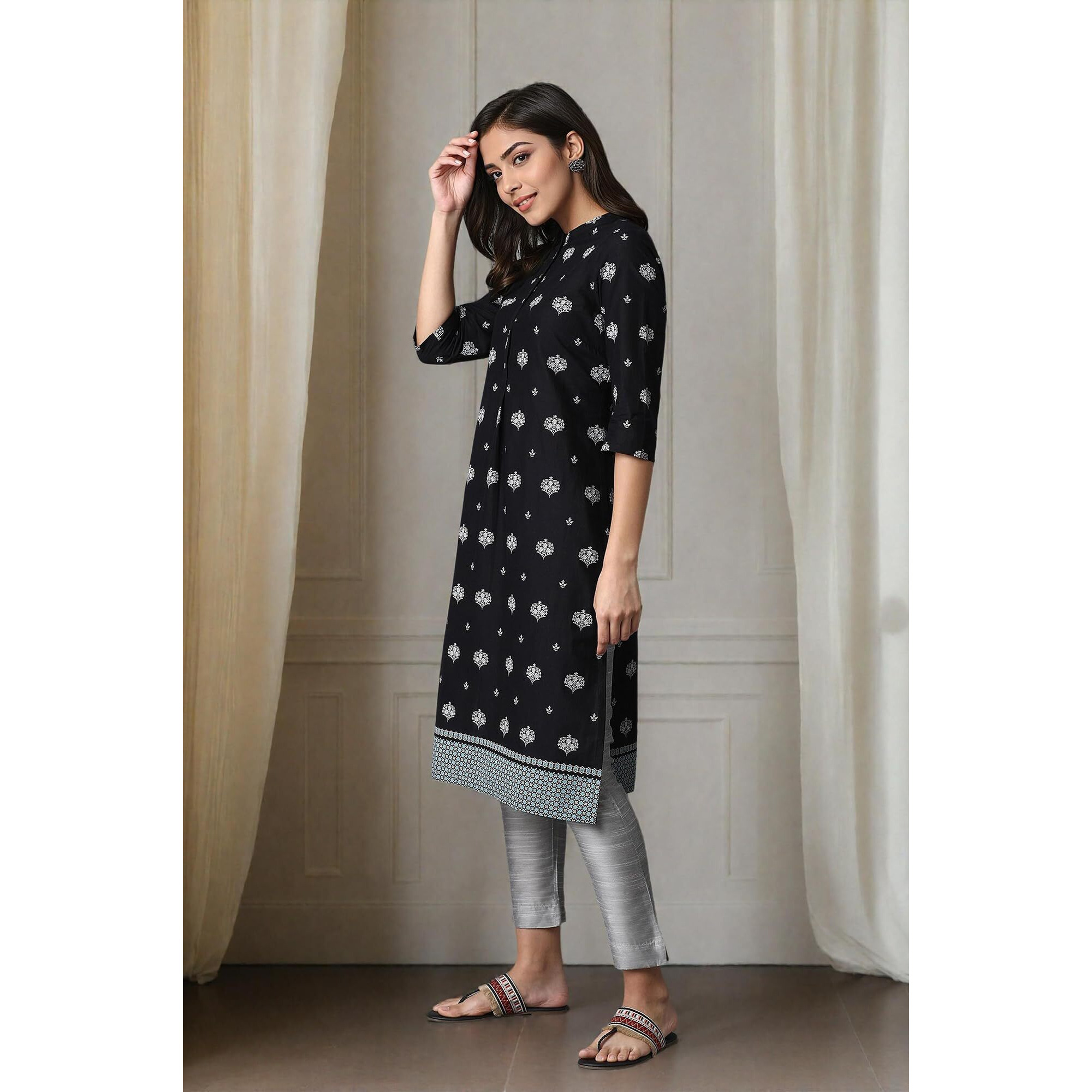 W Black Cotton Floral Printed Regular Kurta For Women