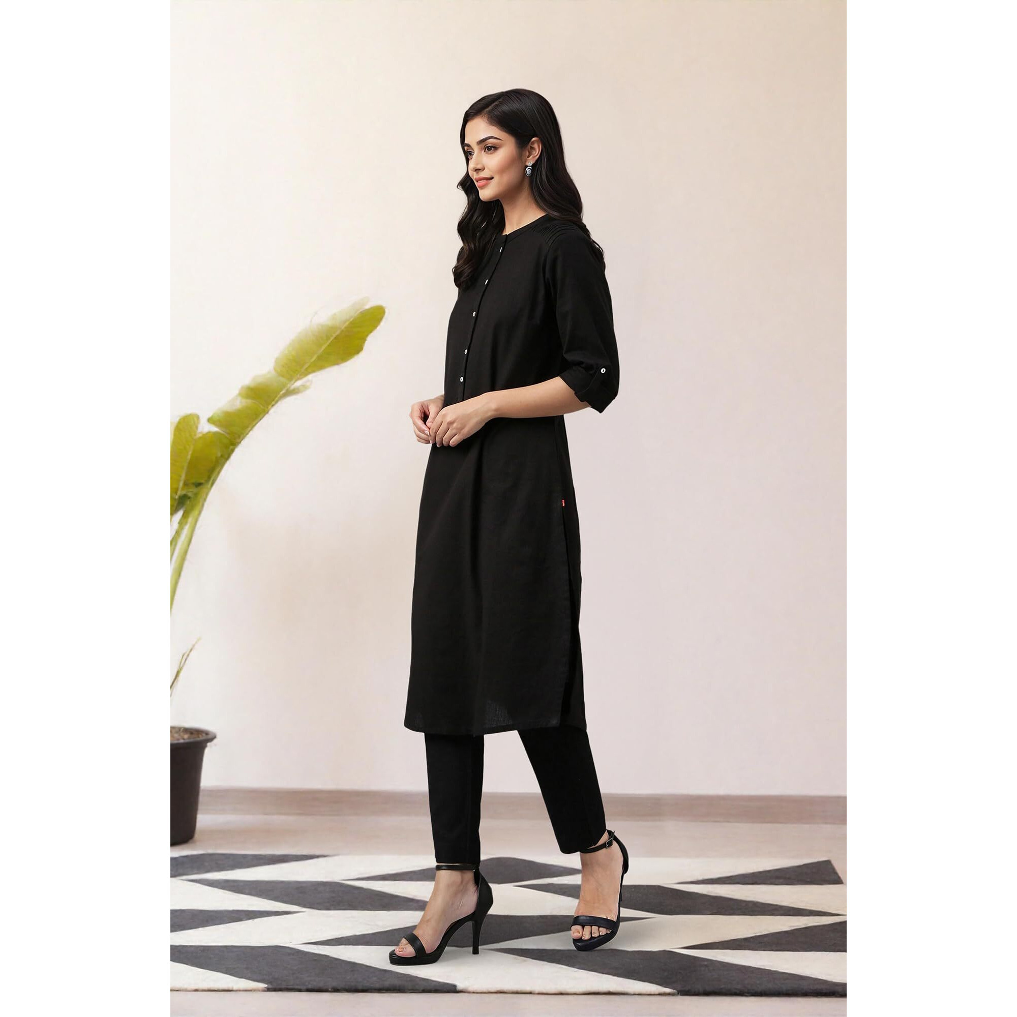 W Black Cotton Blend Solid Straight Long Kurta For Women