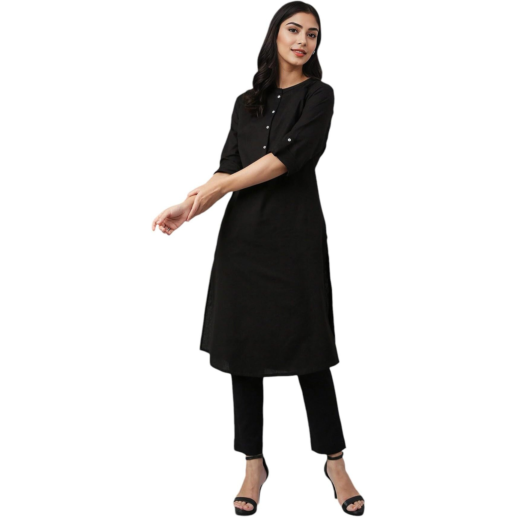 W Black Cotton Blend Solid Straight Long Kurta For Women