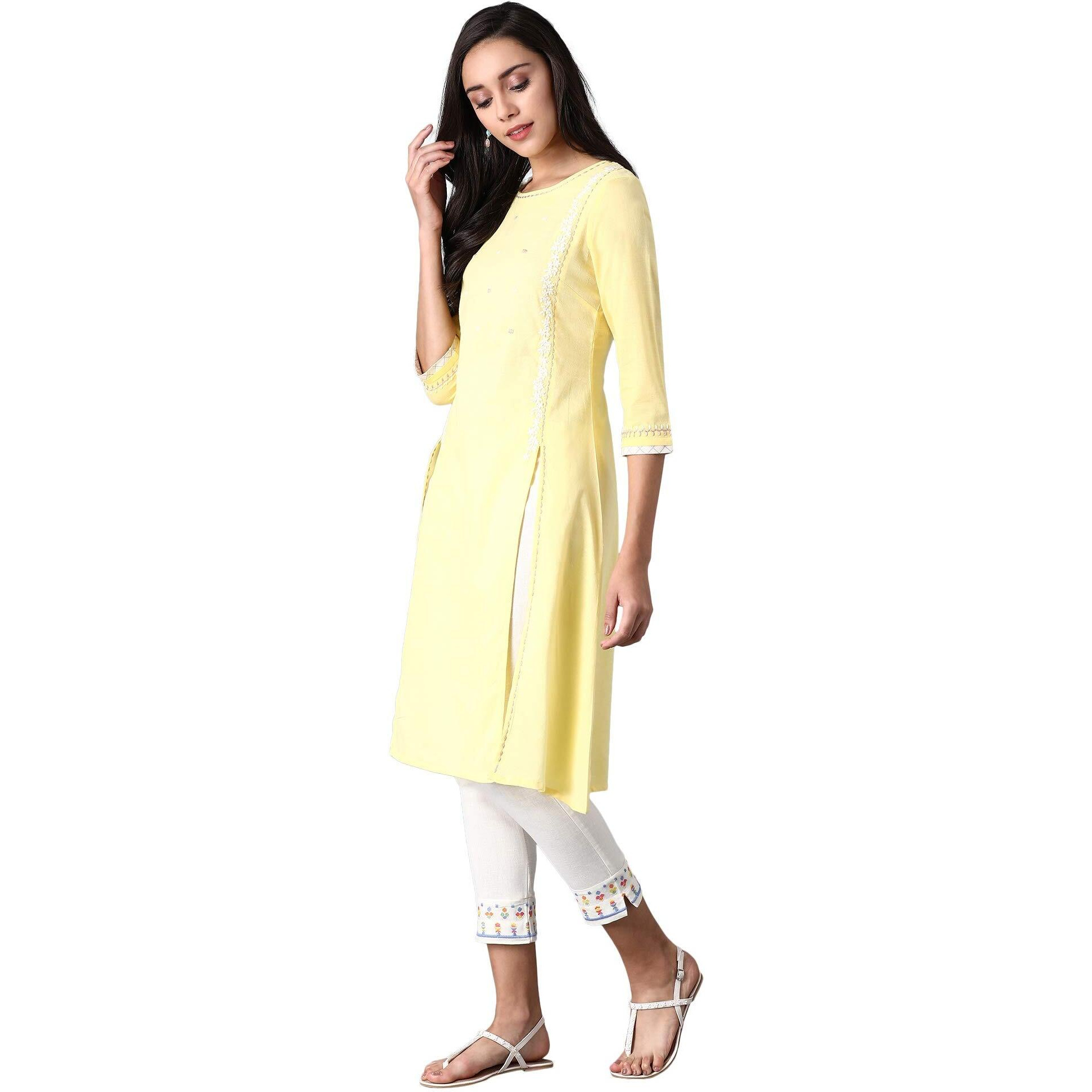 W For Woman Lime Round Neck Embellished Kurta_20Few13493-213696_Xs