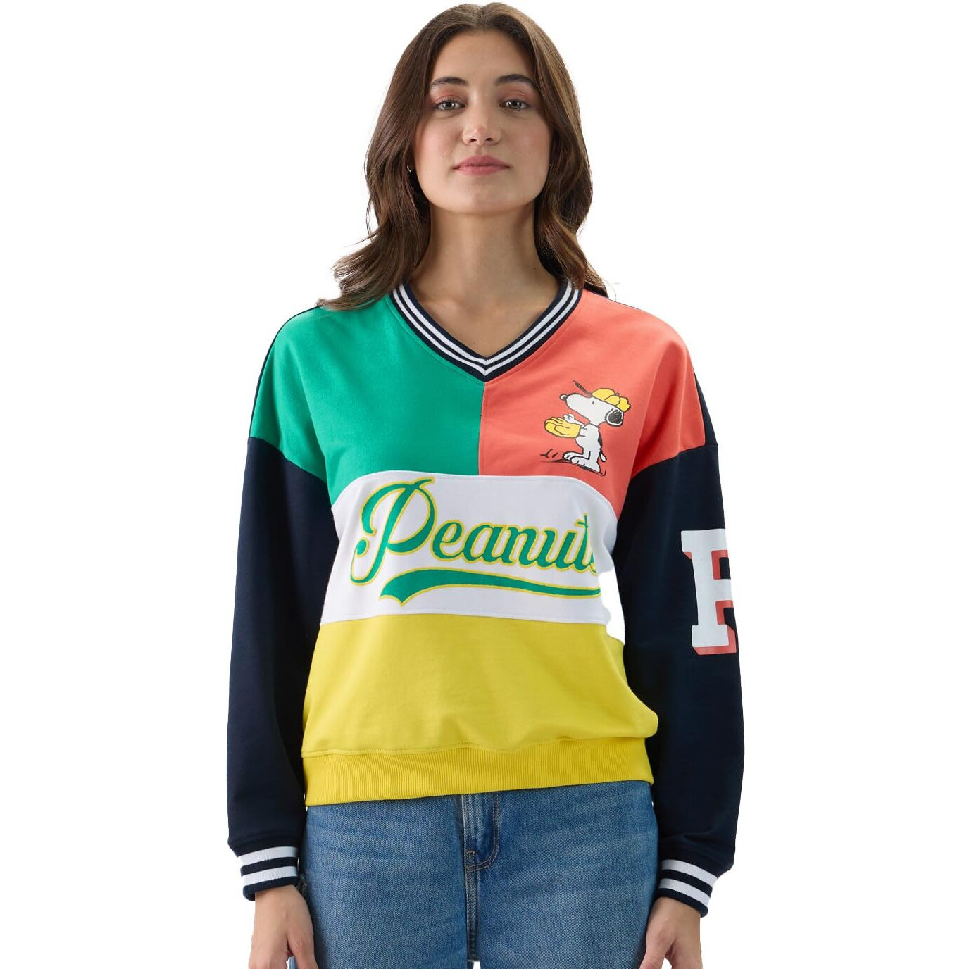 The Souled Store Official Peanuts Baseball Women And Girls Long Sleeves V Neck Multicolor Graphic Printed Cotton Blend Oversized Sweatshirts