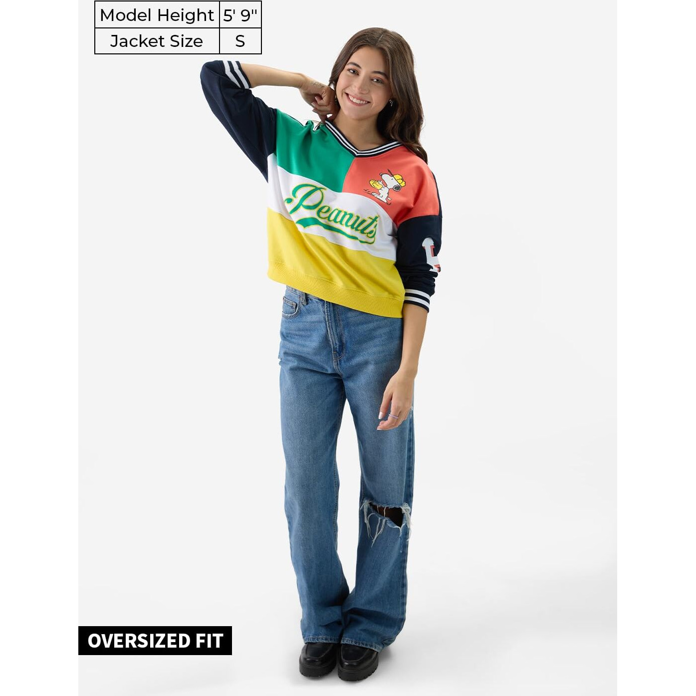 The Souled Store Official Peanuts Baseball Women And Girls Long Sleeves V Neck Multicolor Graphic Printed Cotton Blend Oversized Sweatshirts