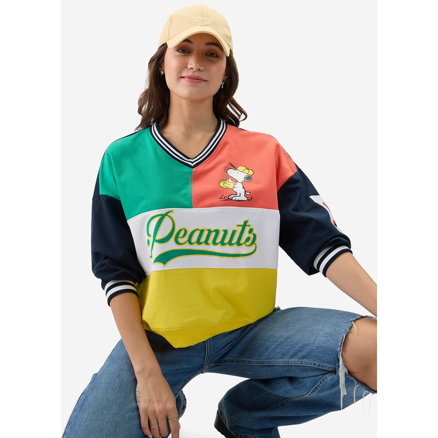 The Souled Store Official Peanuts Baseball Women And Girls Long Sleeves V Neck Multicolor Graphic Printed Cotton Blend Oversized Sweatshirts