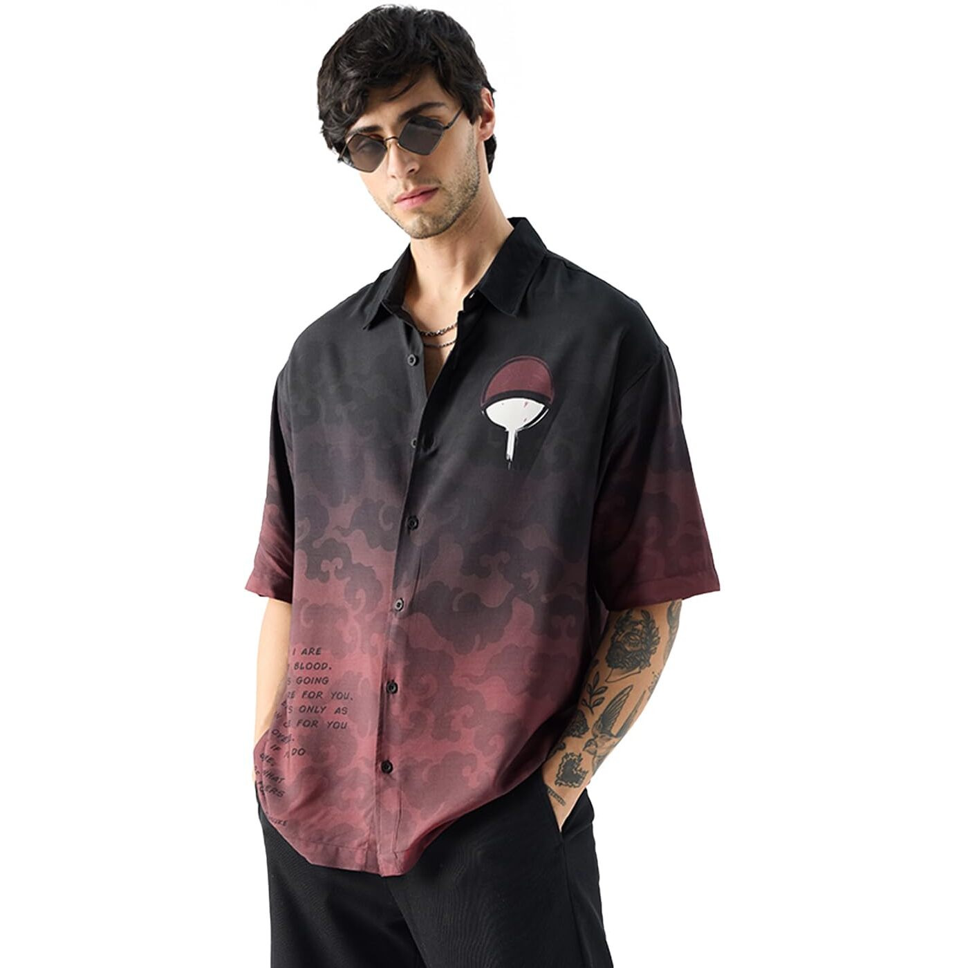 The Souled Store Official Naruto The Last Uchiha Mens Oversize Fit Half Sleeves Graphic Pattern Multi Color Shirt Cartoon 90S Shirts Casual Button-Down Half Sleeve Printed Graphic Short Sleeve