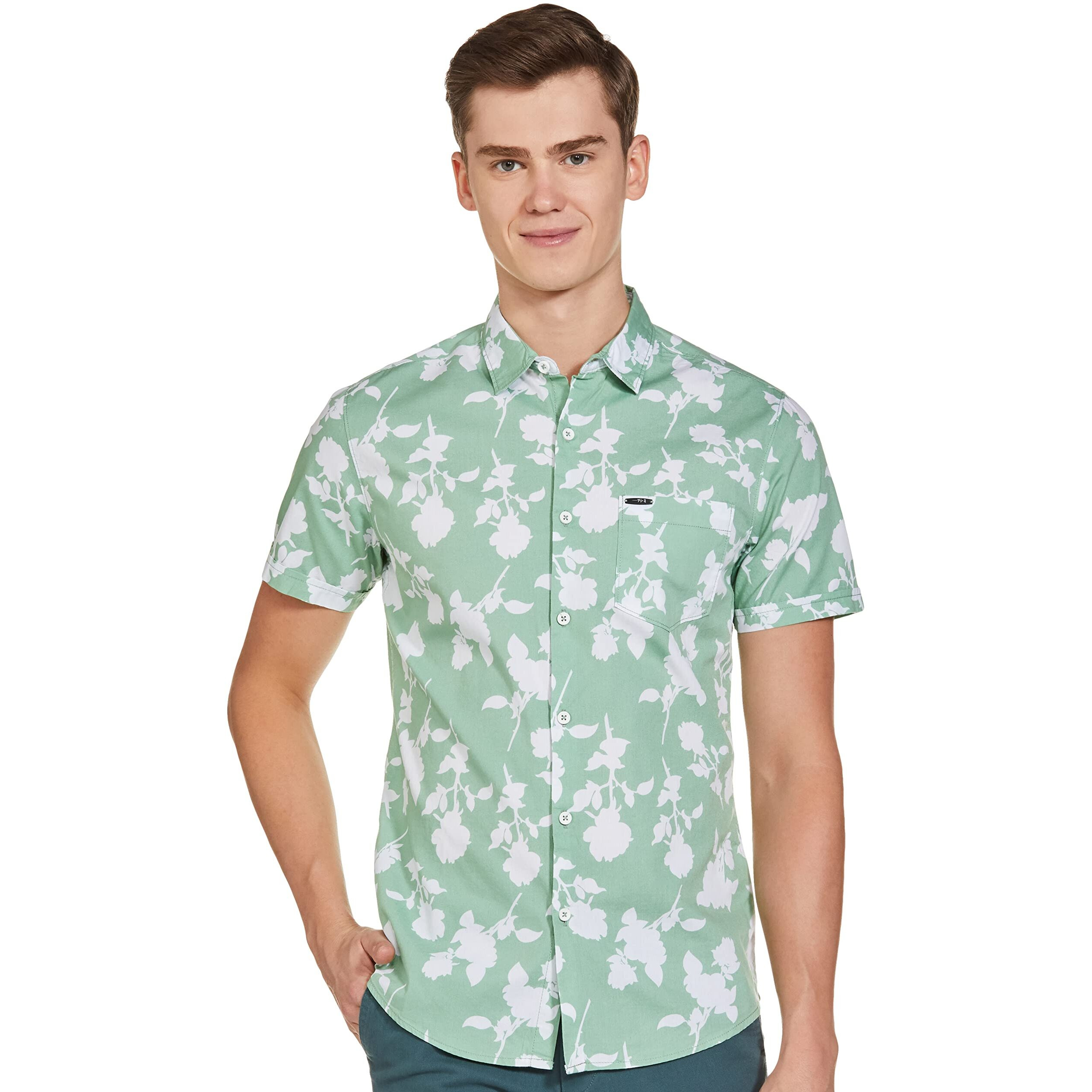 The Indian Garage Co Green Regular Fit Spread Collar Floral Print Short Sleeves Shirt