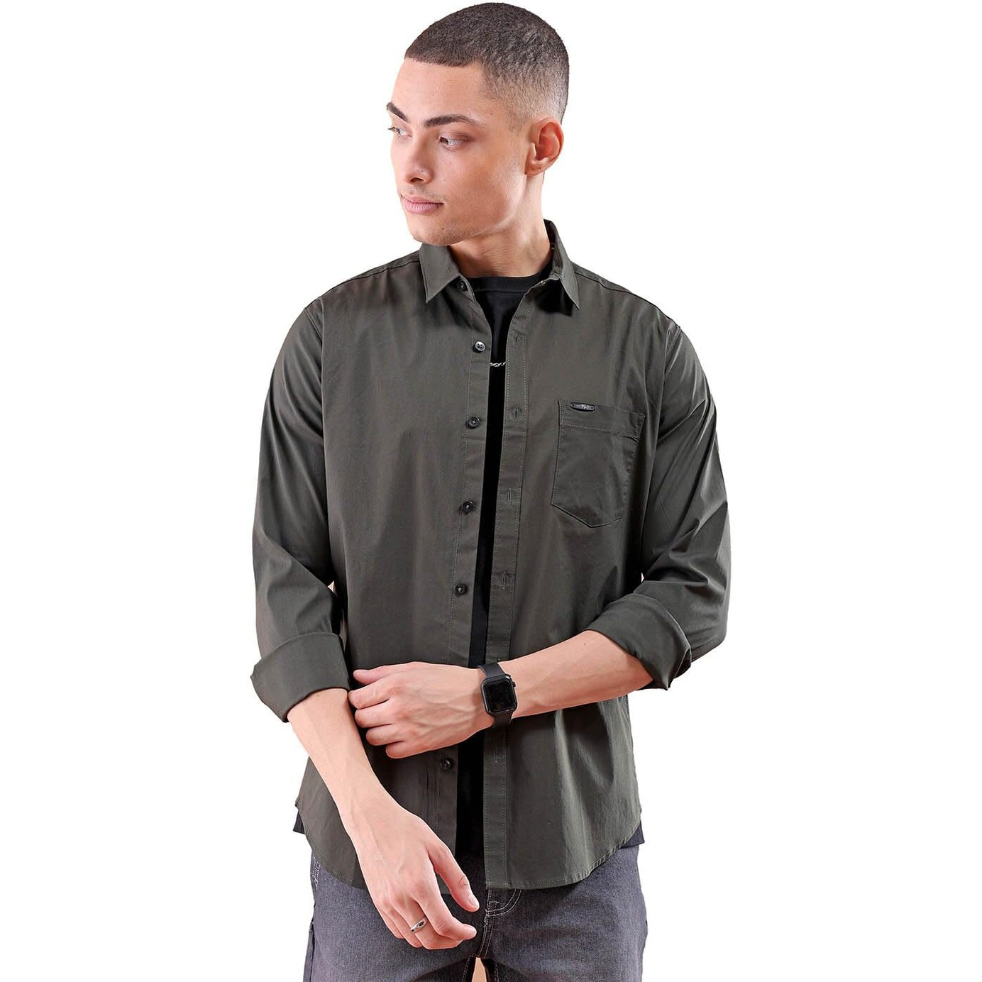 The Indian Garage Co Men Olive Solid Slim Fit Casual Shirt