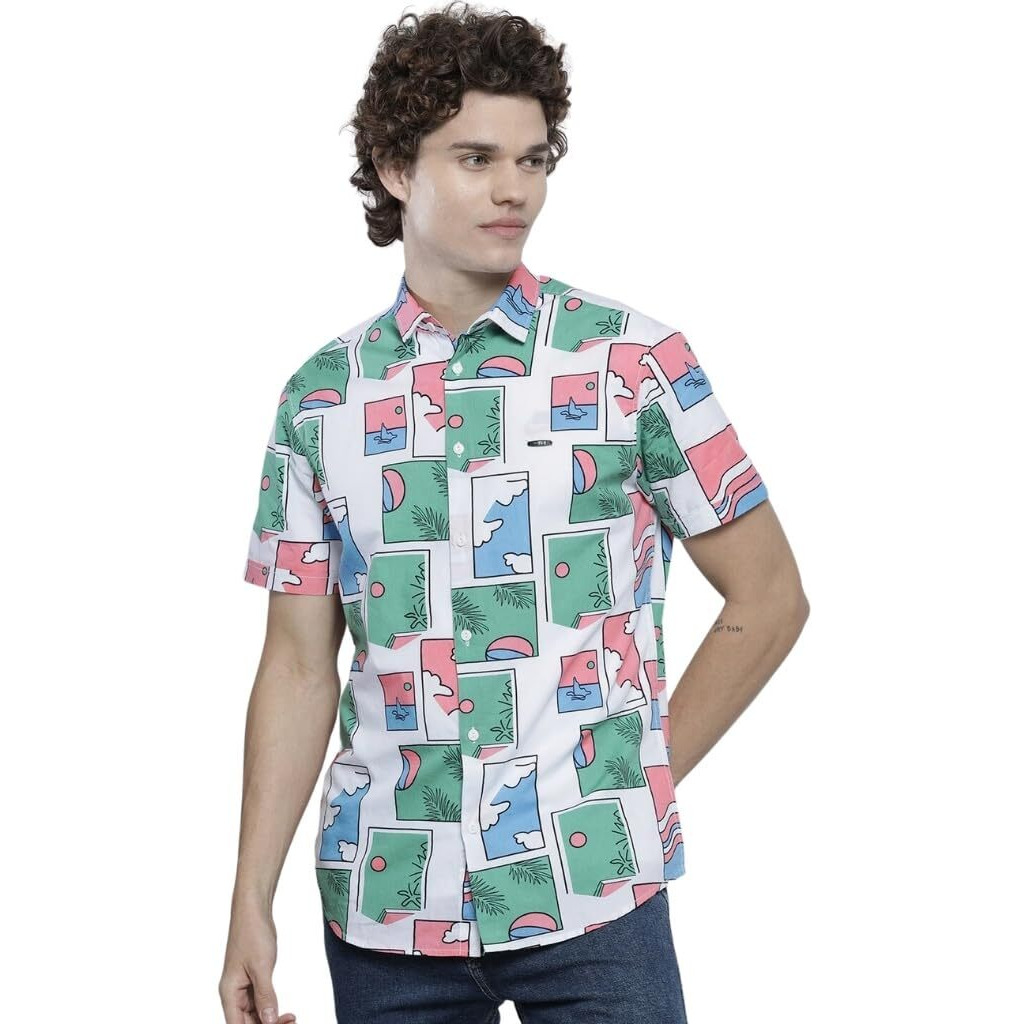 The Indian Garage Co Men's Slim Fit Shirt (1221-Sh154-01_Pink & Green Xl)