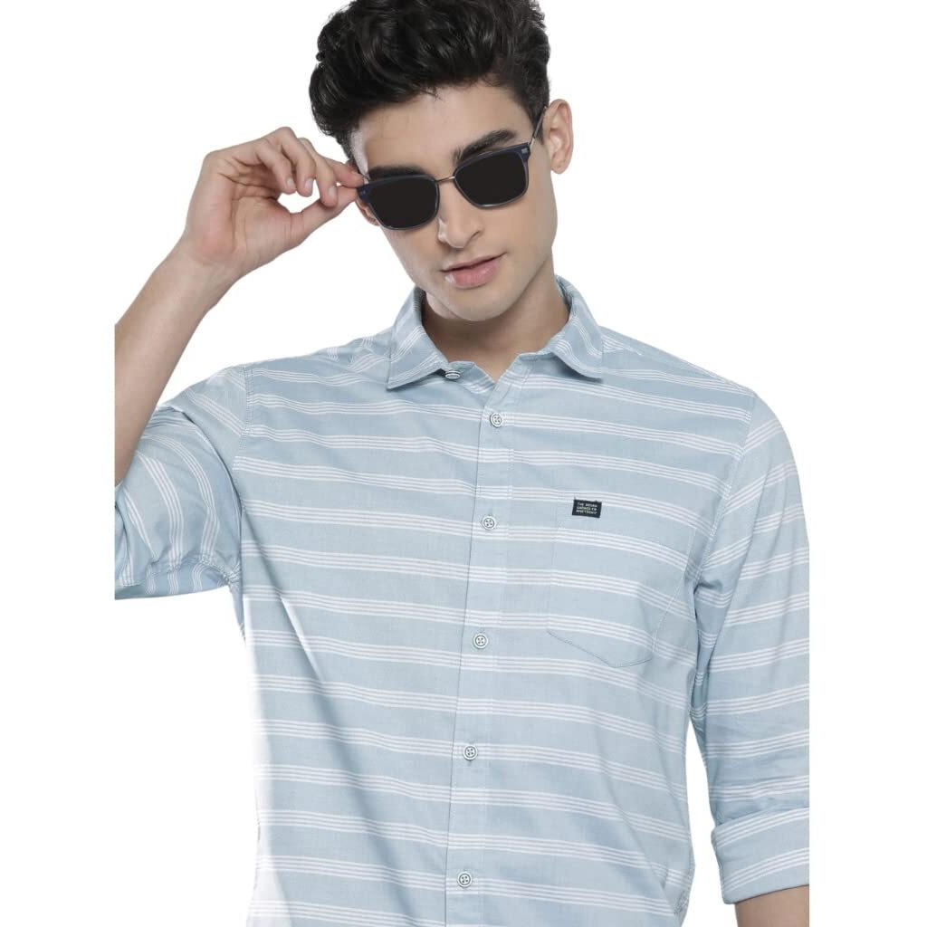 The Indian Garage Co Men's Cotton Striped Slim Fit Shirt (0322-Sh170-02_Lt Blue M)