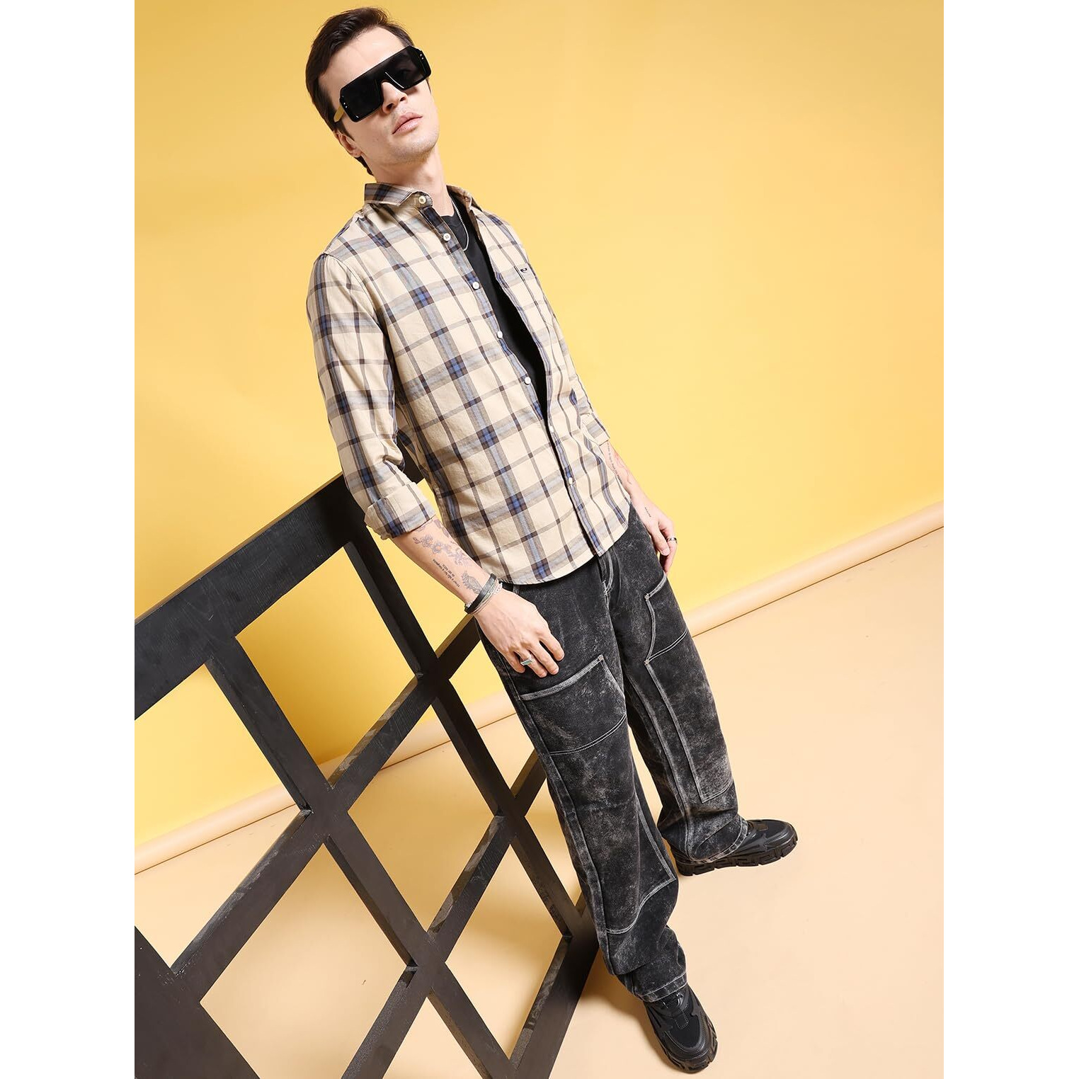 The Indian Garage Co Men Beige Slim Fit Checkered Casual Shirt (Beige_L)