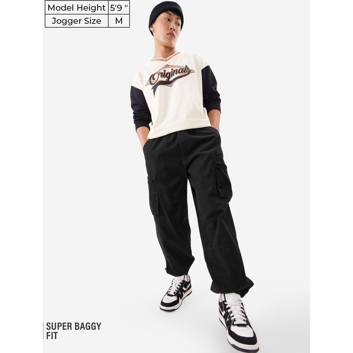 The Souled Store Solids Dark Black Men And Boys Cotton Super Baggy Fit Cargo Joggers