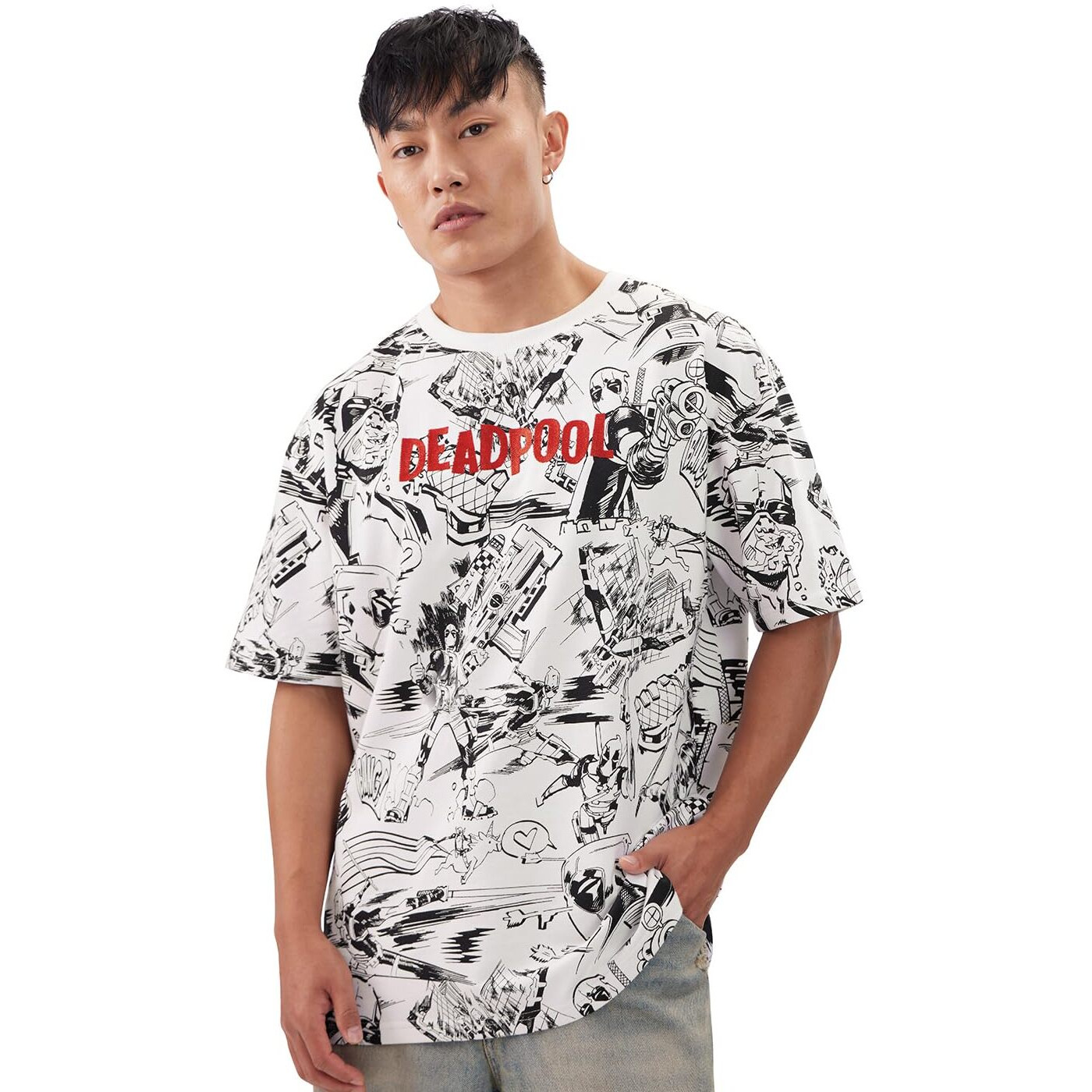 The Souled Store Official Deadpool Action Packed Men And Boys Short Sleeves Round Neck White All Over Printed Cotton Oversized T-Shirts