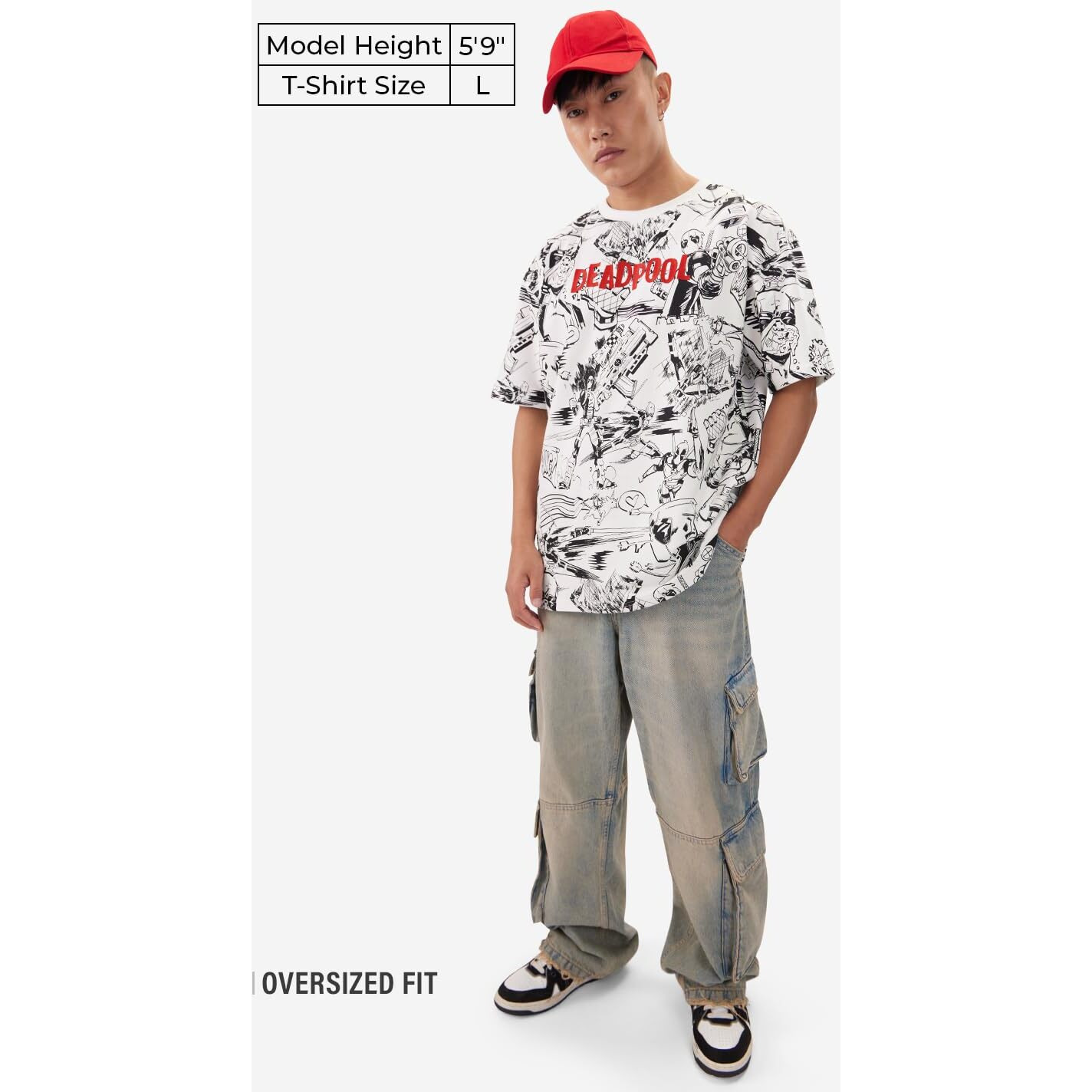 The Souled Store Official Deadpool Action Packed Men And Boys Short Sleeves Round Neck White All Over Printed Cotton Oversized T-Shirts