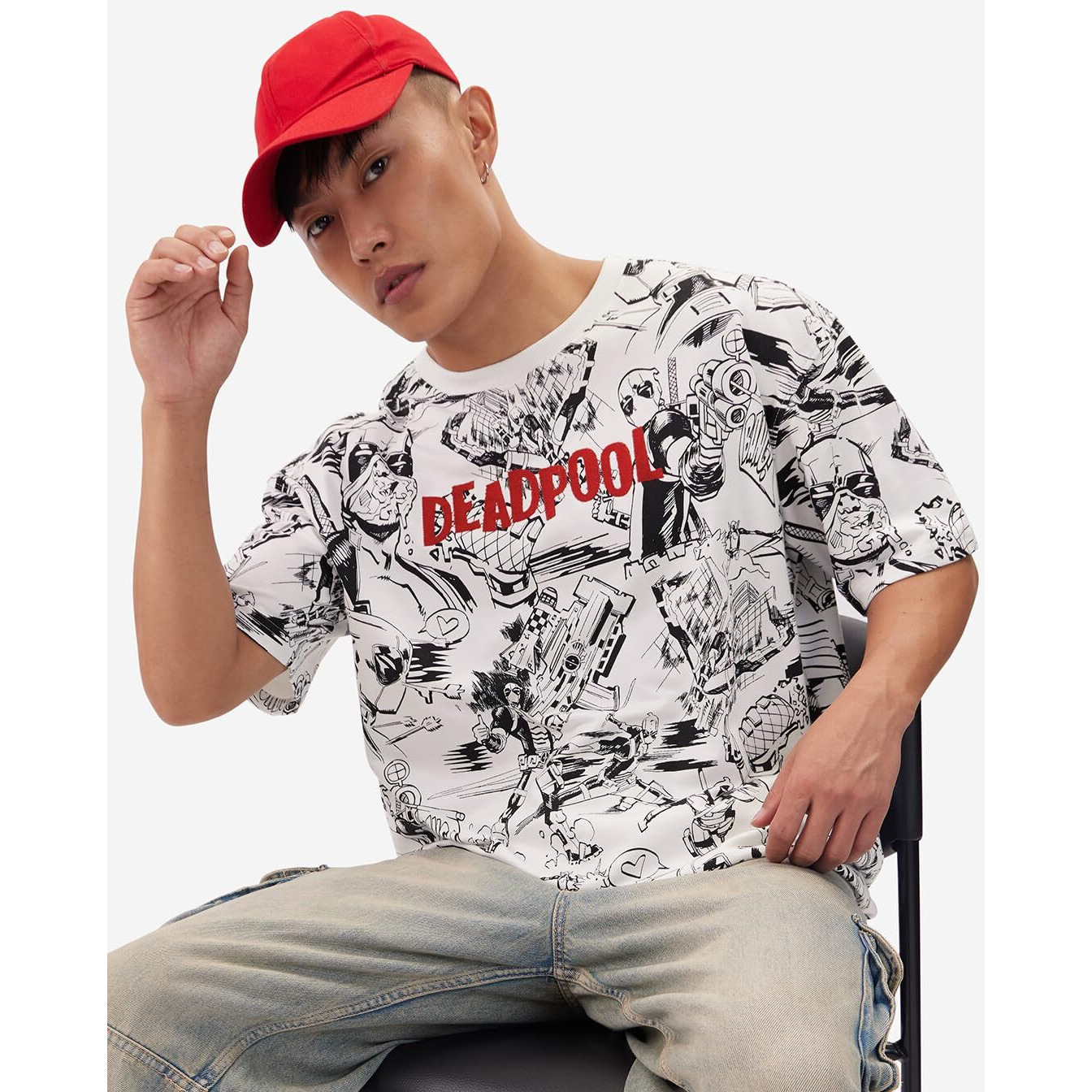 The Souled Store Official Deadpool Action Packed Men And Boys Short Sleeves Round Neck White All Over Printed Cotton Oversized T-Shirts
