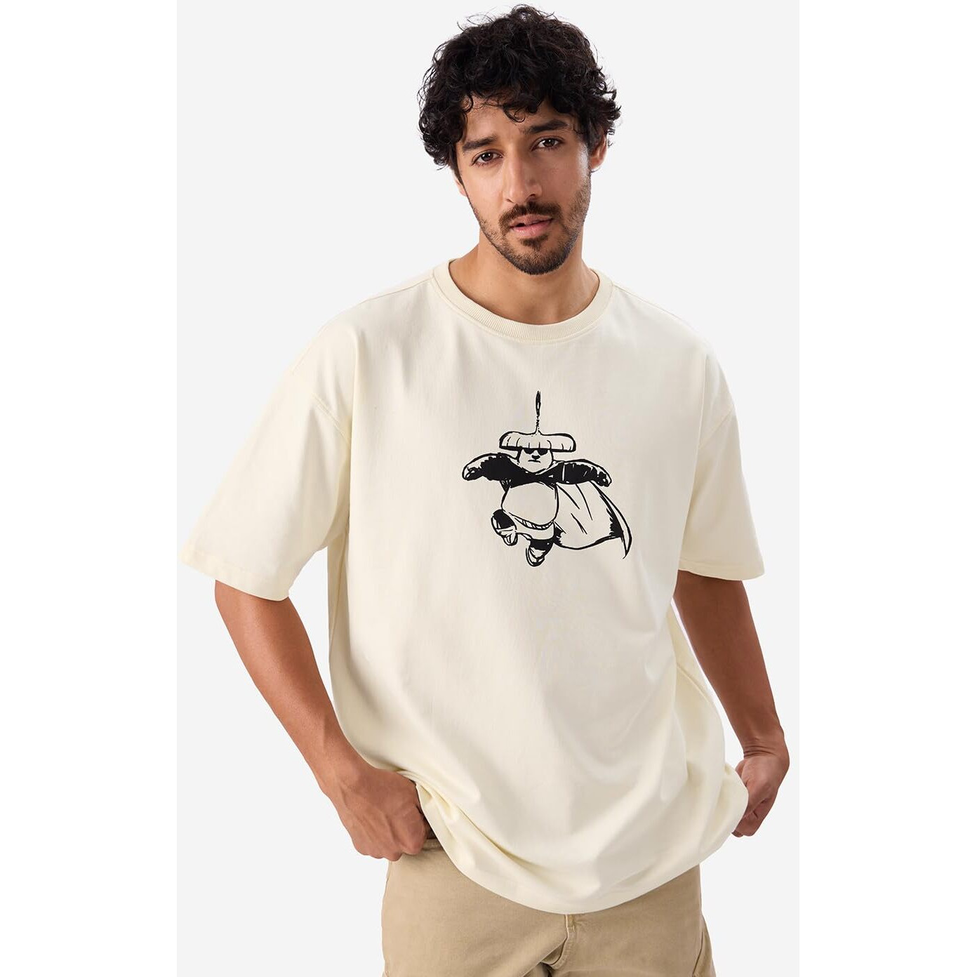 The Souled Store Official Kung Fu Panda Back Off Men And Boys Short Sleeve Round Neck Off White Graphic Printed Cotton Oversized T-Shirts