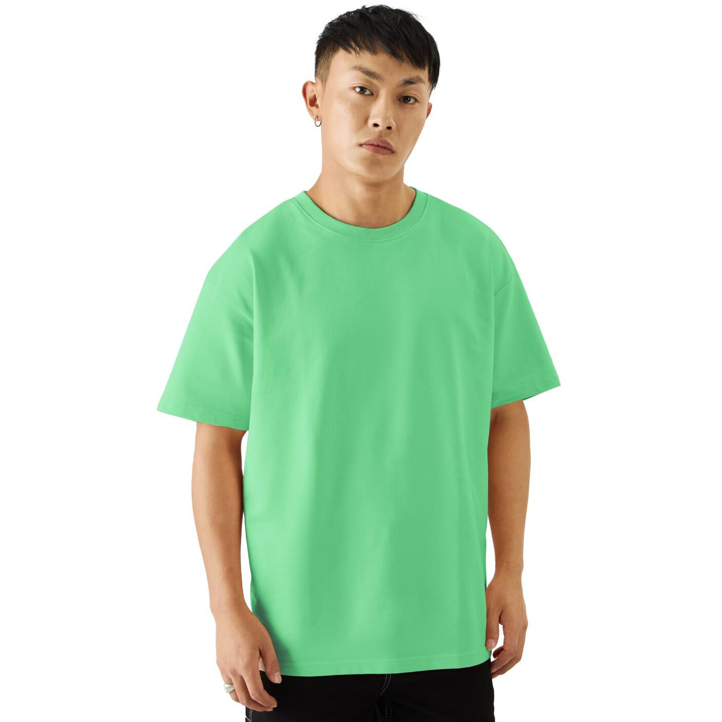 The Souled Store Solids Spring Bud Green Drop Shoulder Short Sleeves Round Neck Cotton Oversized Baggy T-Shirts For Men And Boys