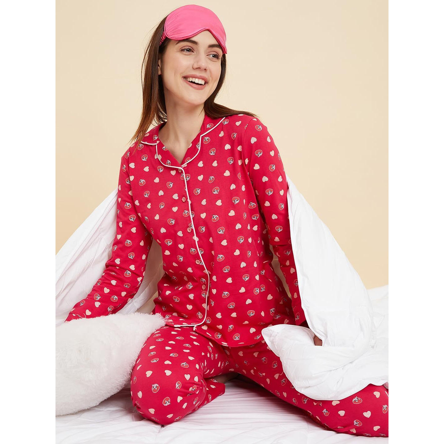 Sweet Dreams Women Printed Full Sleeves Pyjama Set Pink