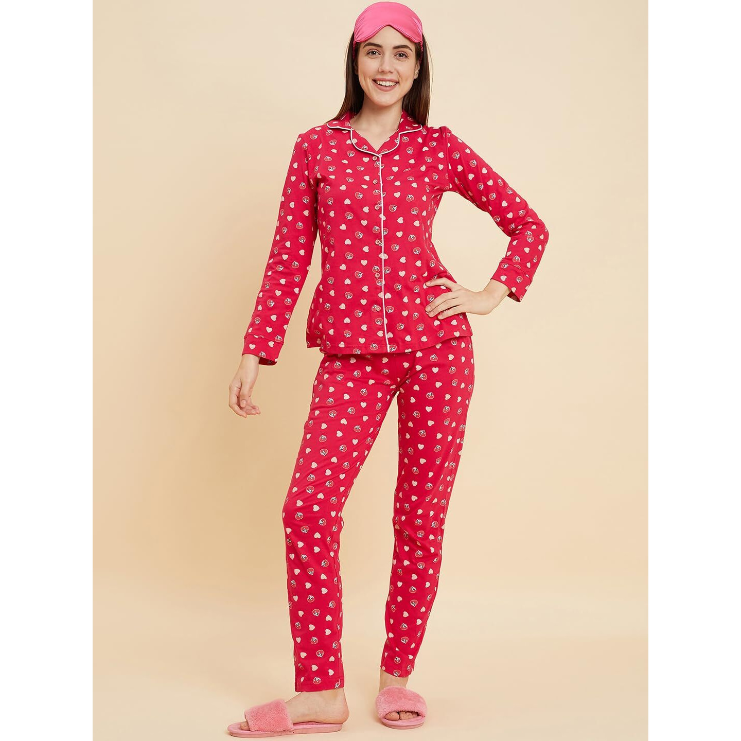 Sweet Dreams Women Printed Full Sleeves Pyjama Set Pink