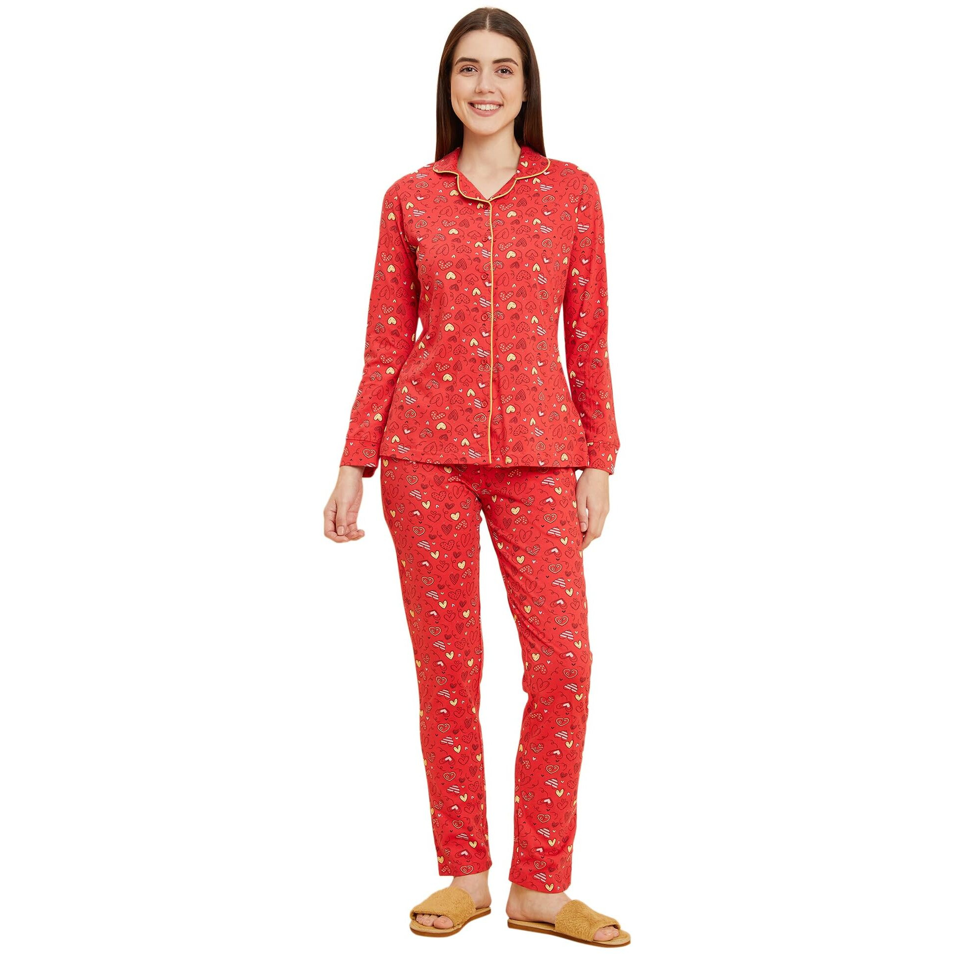 Sweet Dreams Women Printed Full Sleeves Pyjama Set Red