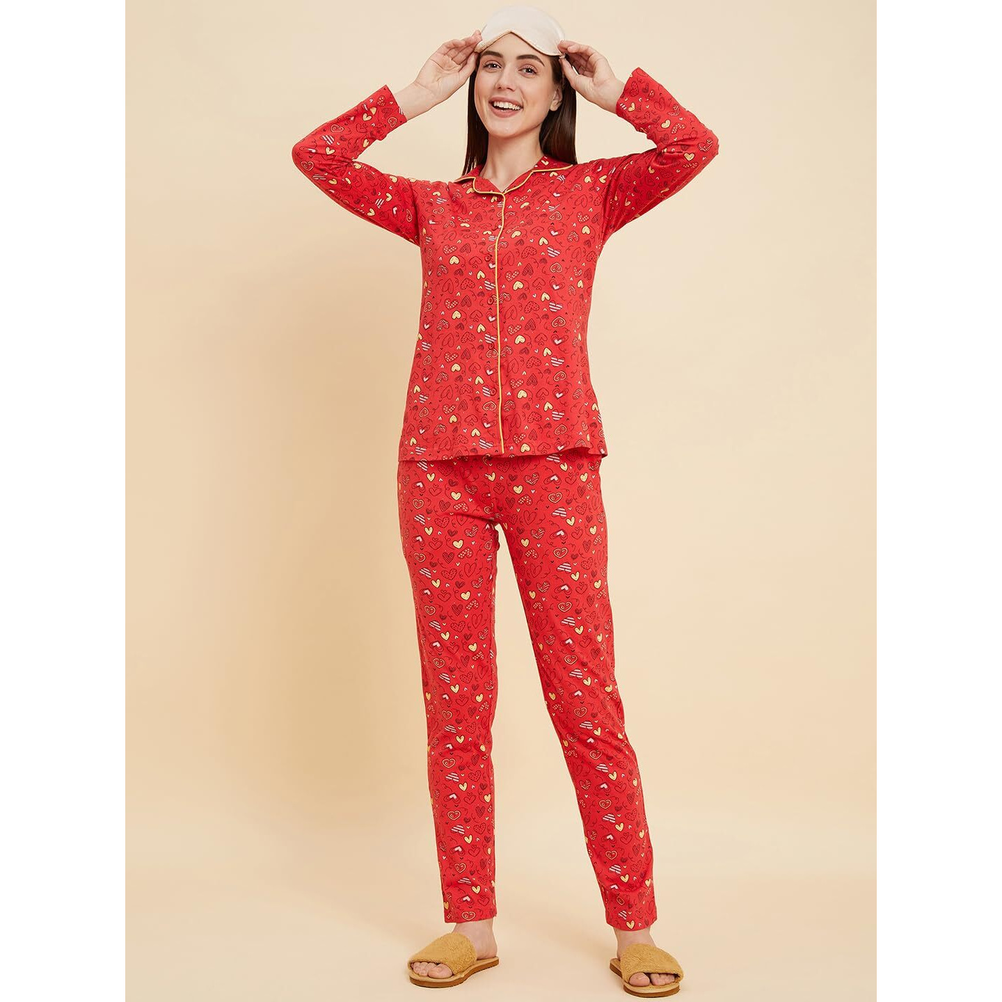 Sweet Dreams Women Printed Full Sleeves Pyjama Set Red