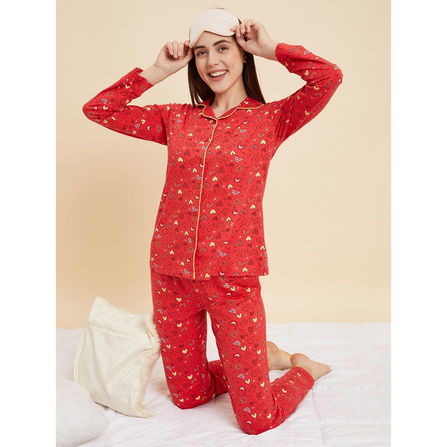 Sweet Dreams Women Printed Full Sleeves Pyjama Set Red