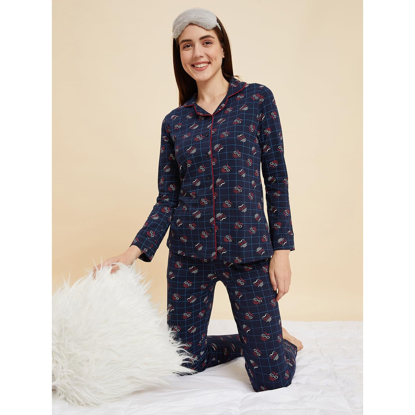 Sweet Dreams Women Printed Full Sleeves Pyjama Set Navy
