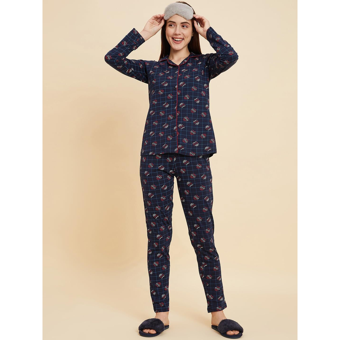 Sweet Dreams Women Printed Full Sleeves Pyjama Set Navy