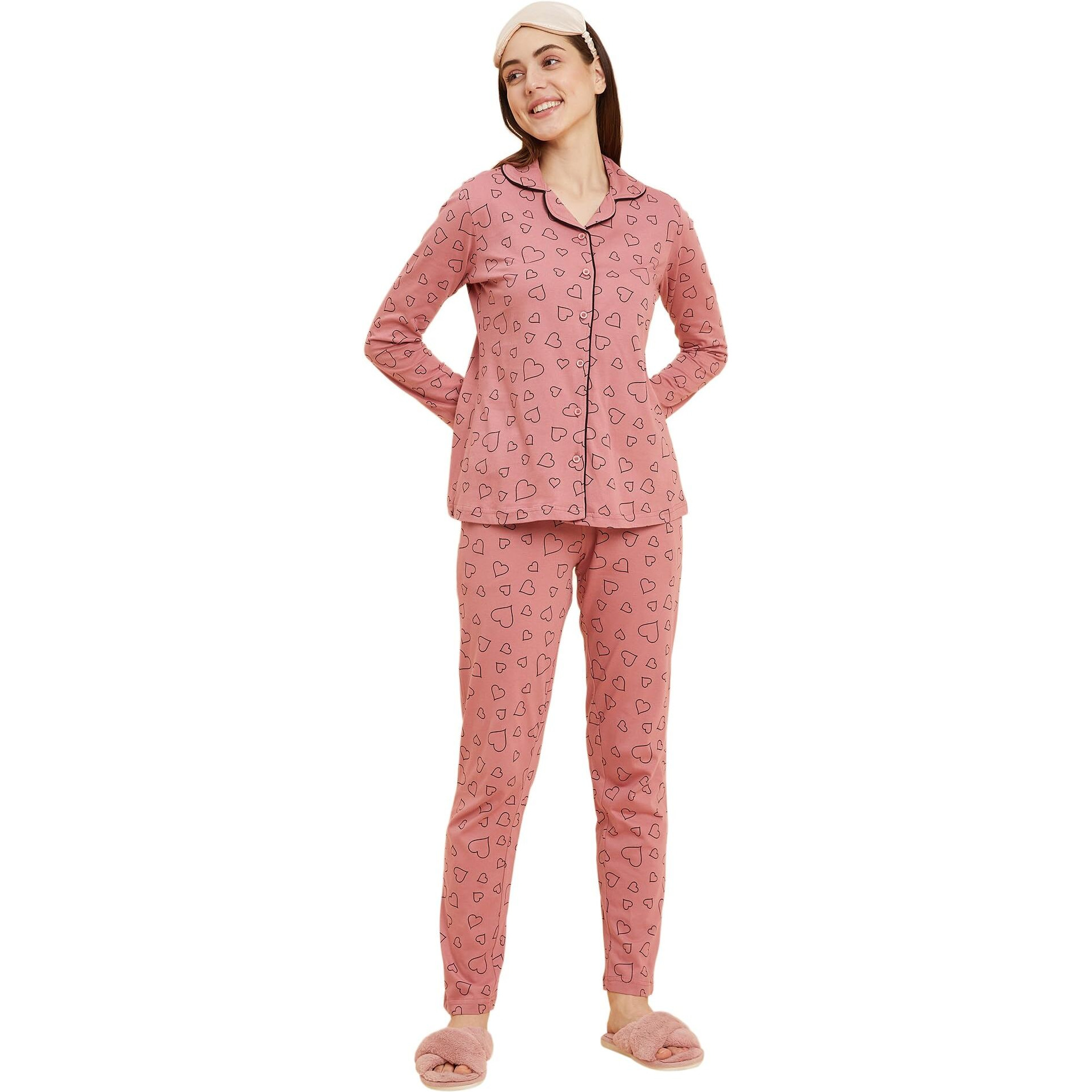 Sweet Dreams Women Printed Full Sleeves Pyjama Set Dusty Rose