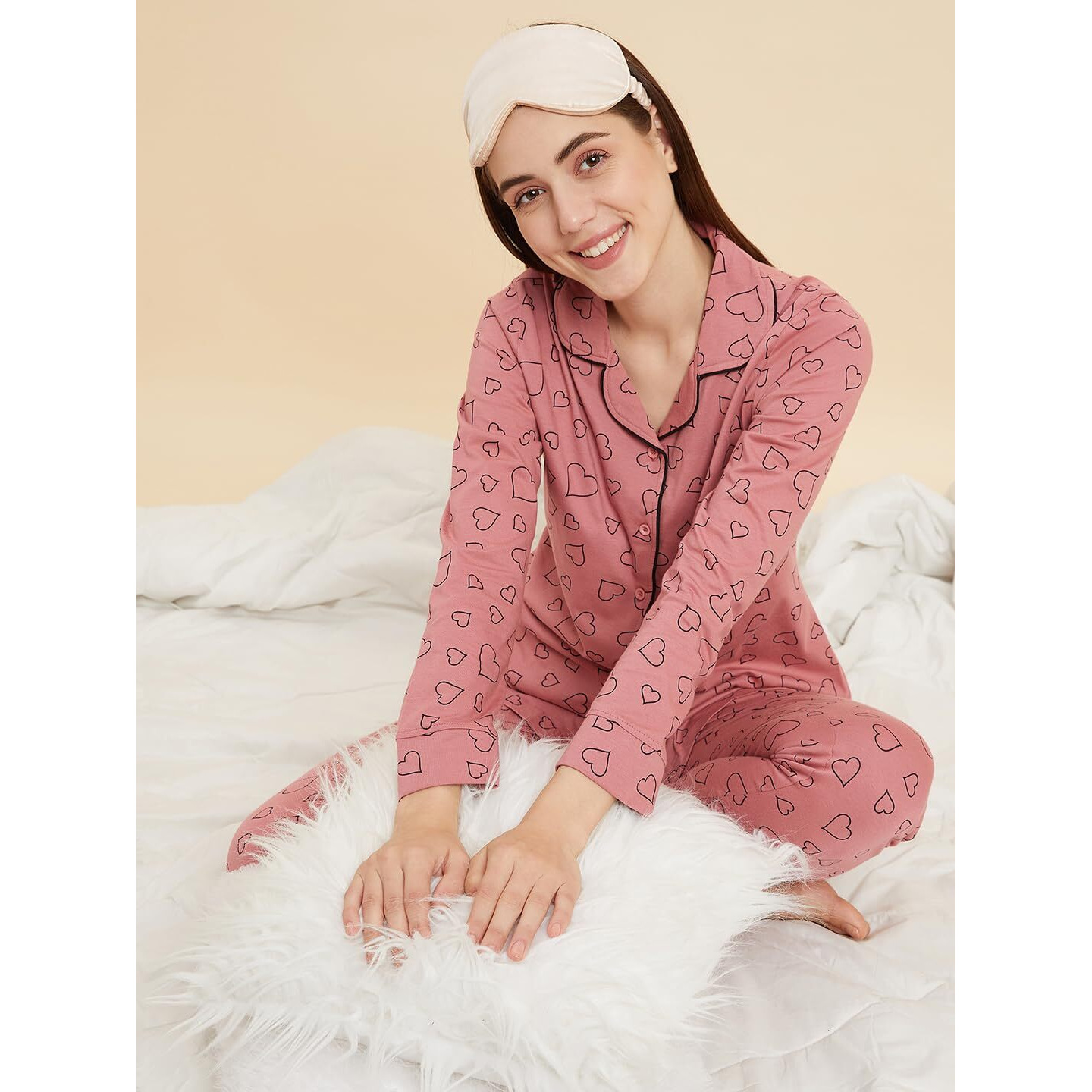 Sweet Dreams Women Printed Full Sleeves Pyjama Set Dusty Rose