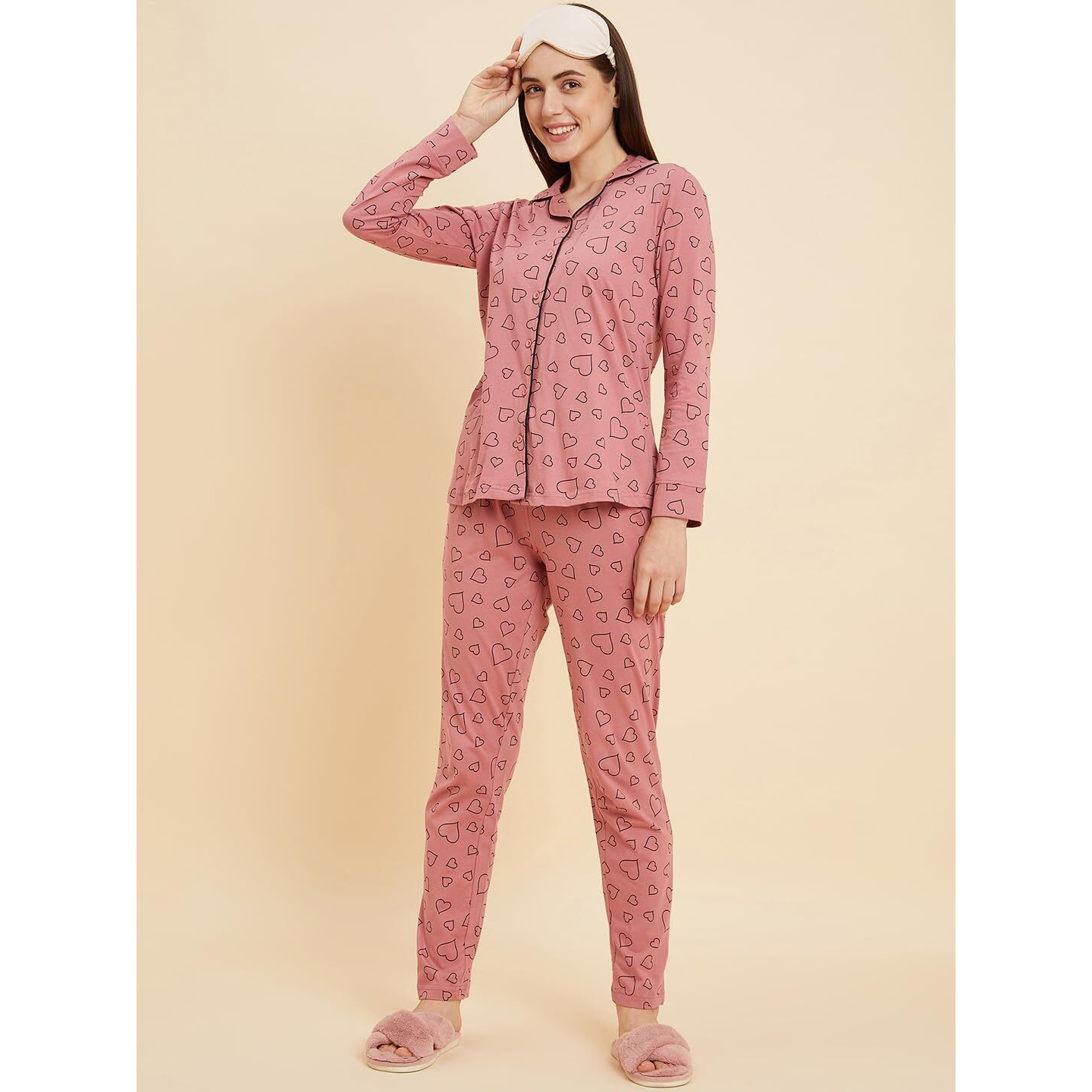 Sweet Dreams Women Printed Full Sleeves Pyjama Set Dusty Rose