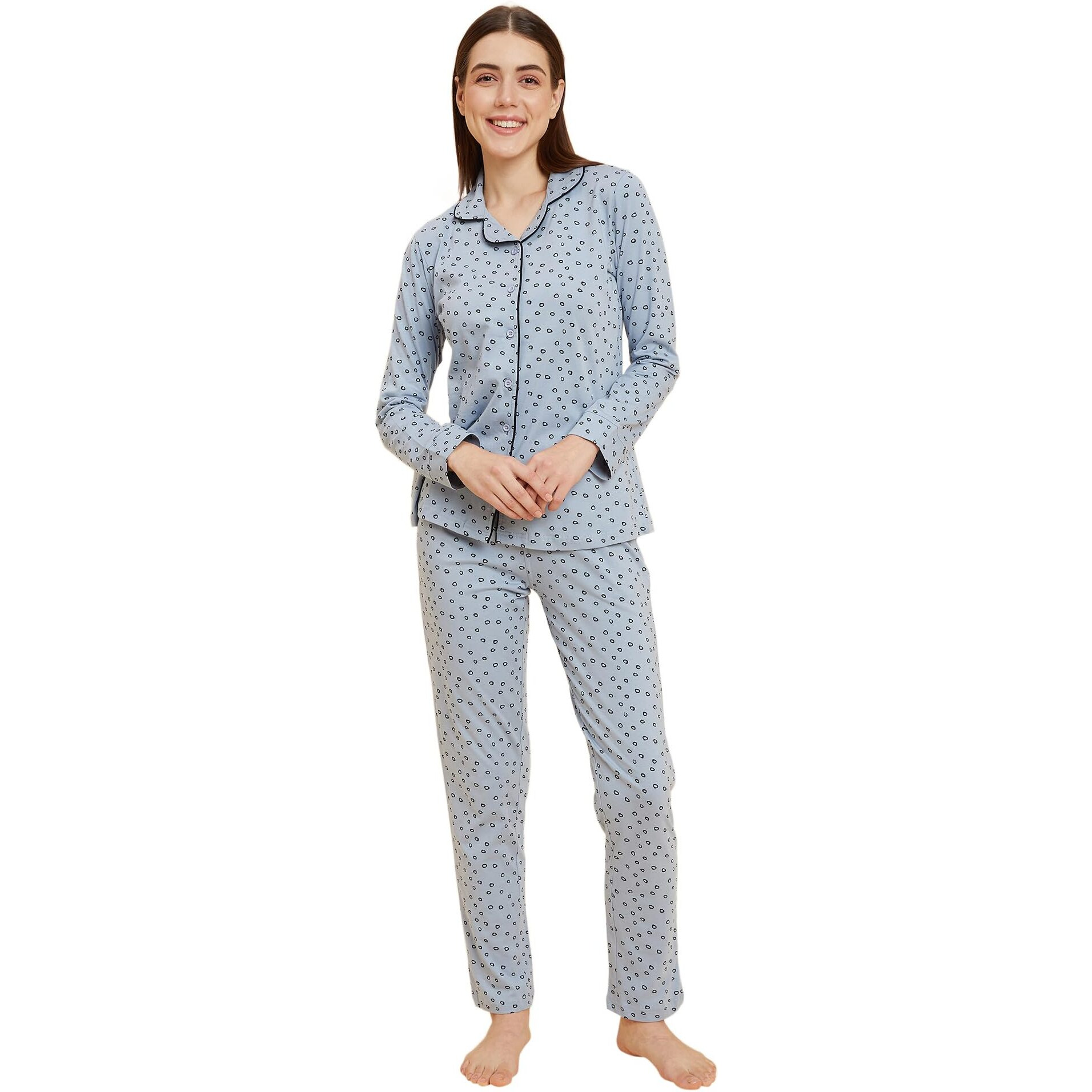 Sweet Dreams Women Printed Full Sleeves Pyjama Set Blue