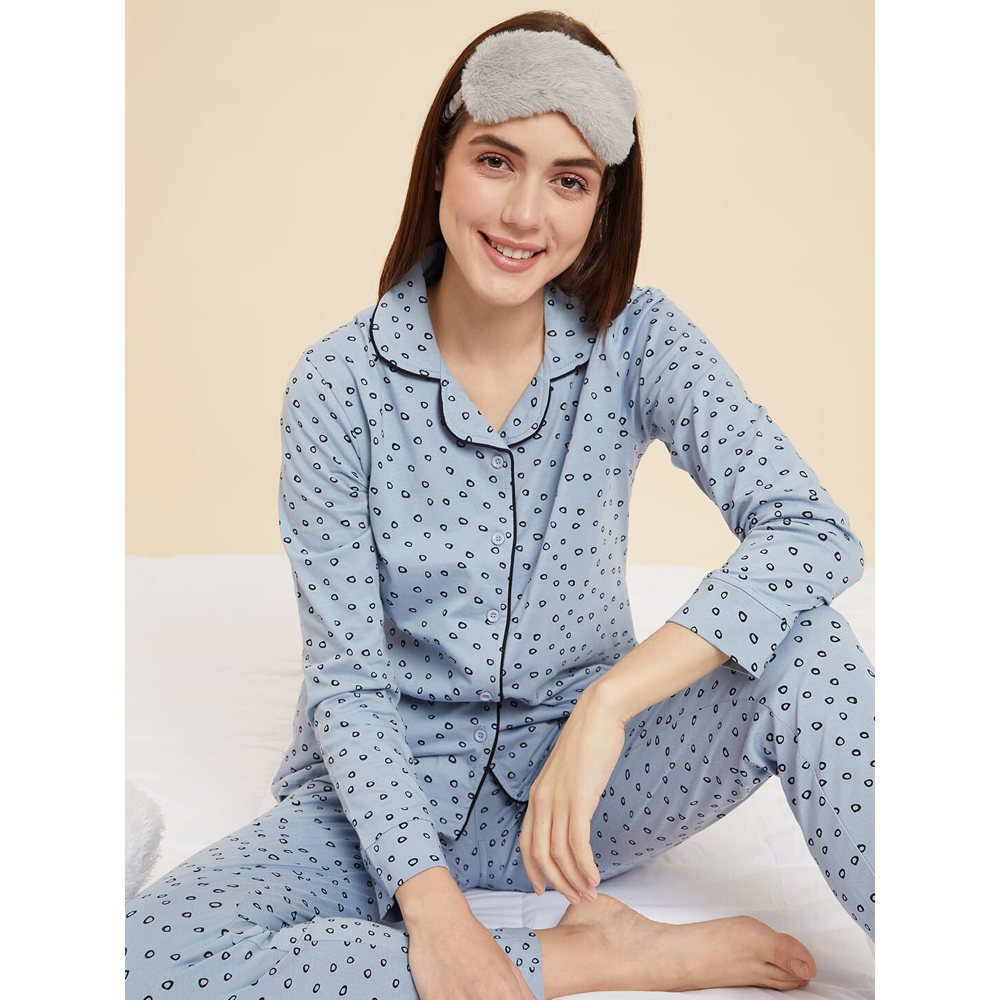 Sweet Dreams Women Printed Full Sleeves Pyjama Set Blue