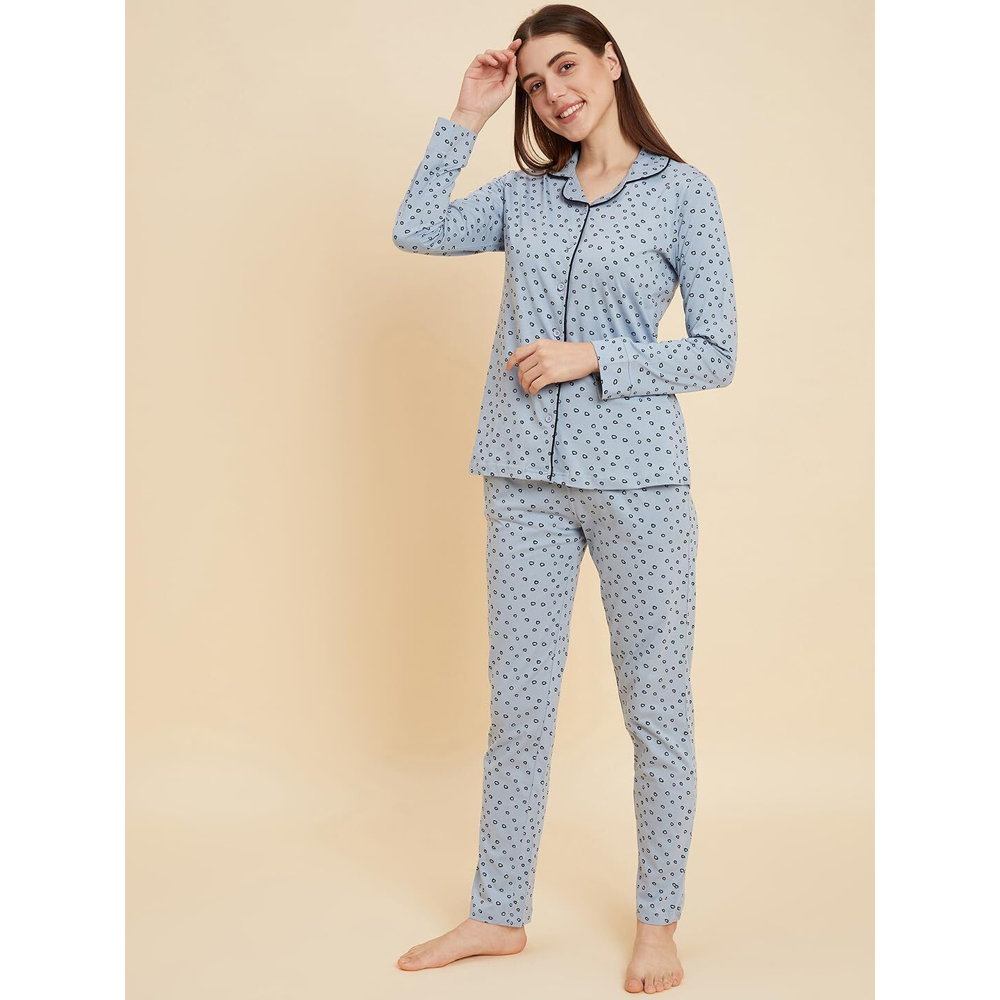 Sweet Dreams Women Printed Full Sleeves Pyjama Set Blue