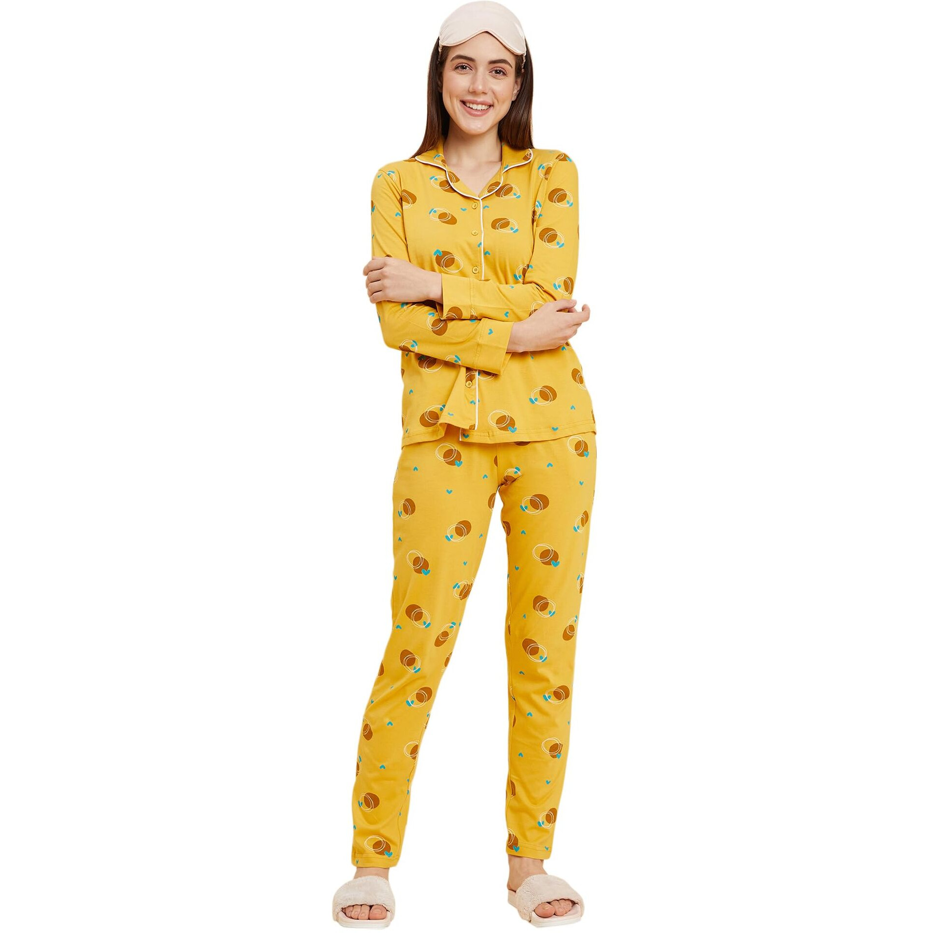 Sweet Dreams Women Printed Full Sleeves Pyjama Set Mustard