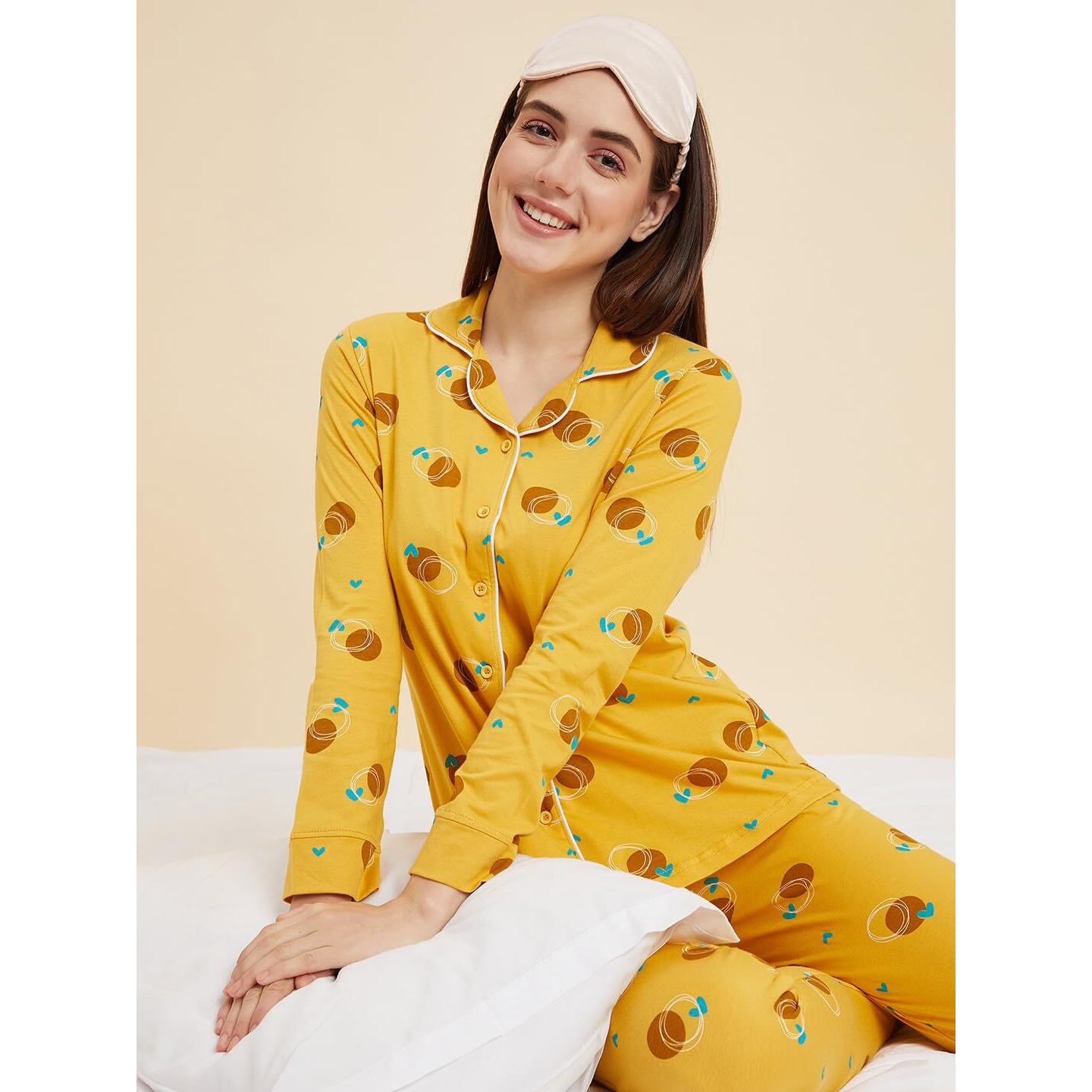 Sweet Dreams Women Printed Full Sleeves Pyjama Set Mustard